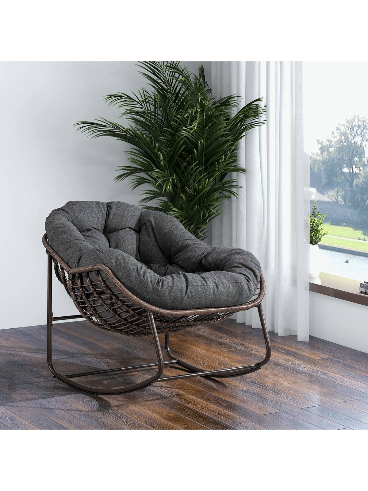 Angle. Trinkets Crazed - Outdoor Patio Rocking Chair Set Of 2,Comfy Wicker Rocker Chair With Padded Cushion,Oversized Rattan Papasan Egg Chair - Gray.