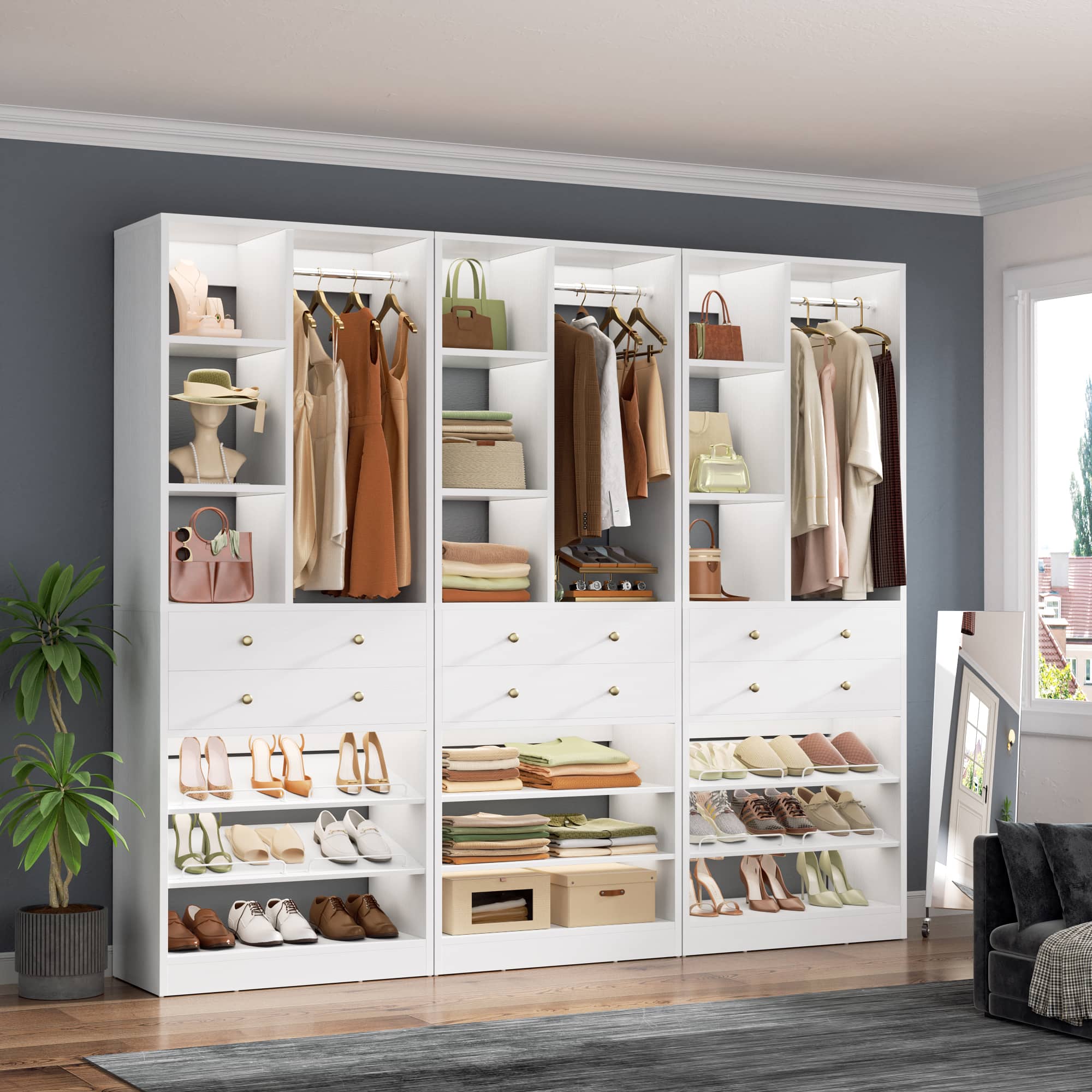 Aheaplus - 84" Free-Standing Closet Organizer with Drawers & Shelves, 1800LBS Load, 3-Pack Tower System - White