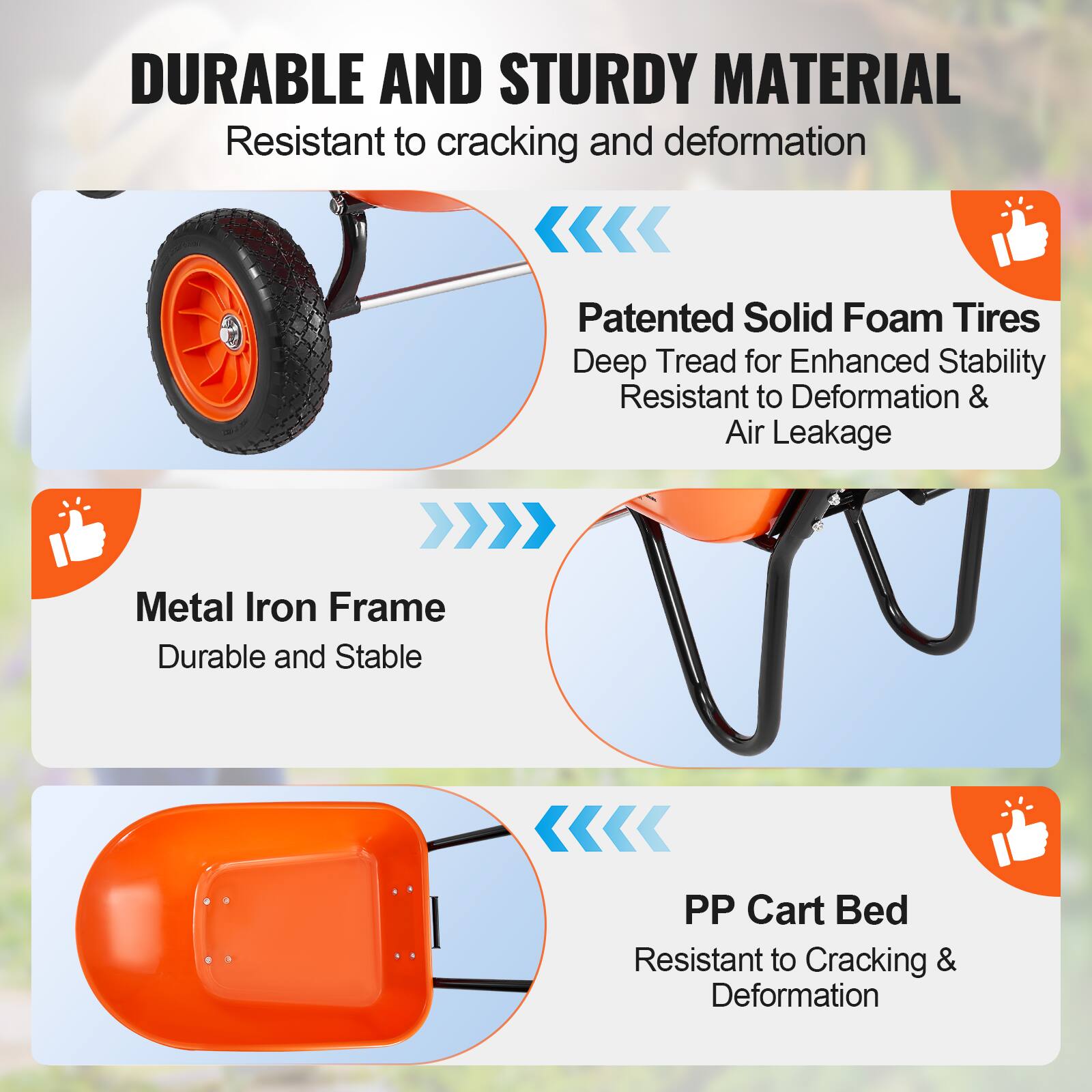 DURABLE AND STURDY MATERIAL  
Resistant to cracking and deformation  

Patented Solid Foam Tires  
Deep Tread for Enhanced Stability  
Resistant to Deformation & Air Leakage  

Metal Iron Frame  
Durable and Stable  

PP Cart Bed  
Resistant to Cracking & Deformation