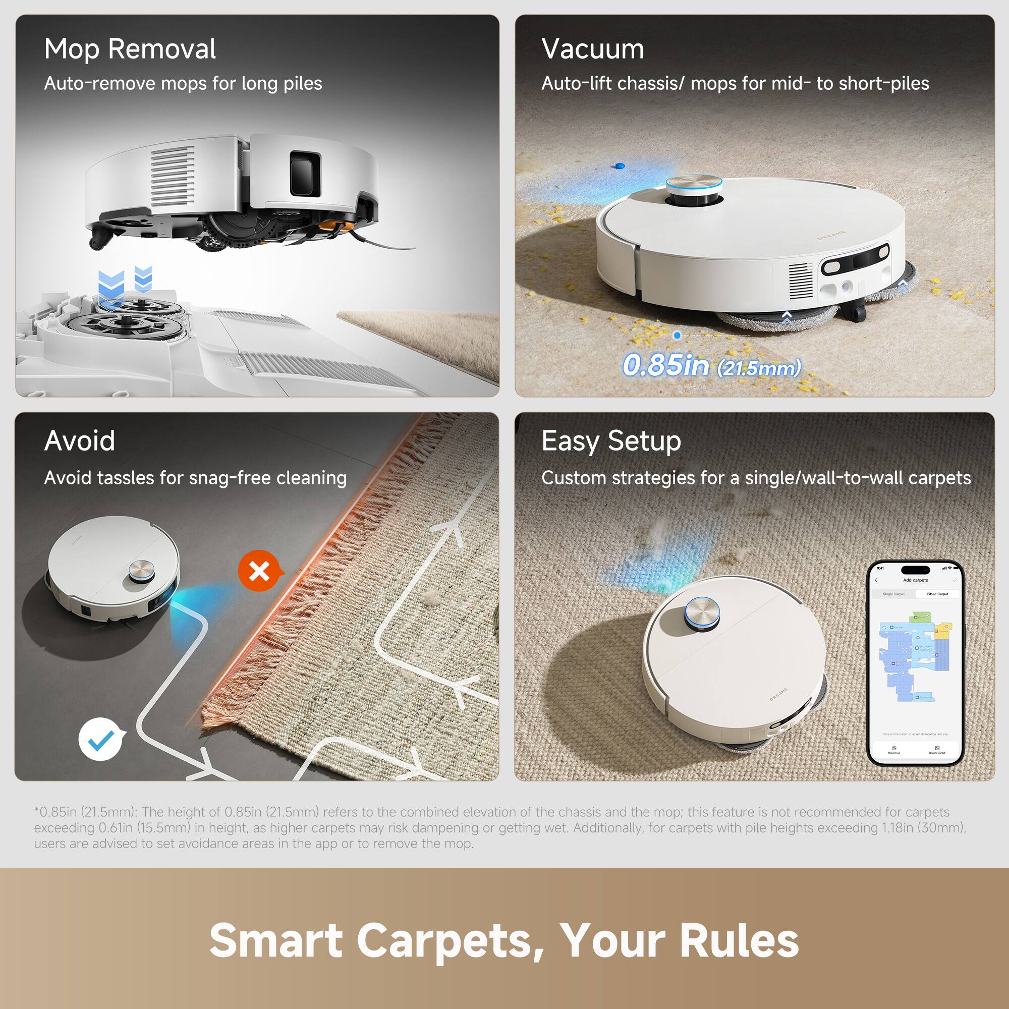 **Mop Removal**  
Auto-remove mops for long piles

**Vacuum**  
Auto-lift chassis/mops for mid- to short-piles  
0.85in (21.5mm)

**Avoid**  
Avoid tassels for snag-free cleaning

**Easy Setup**  
Custom strategies for a single/wall-to-wall carpets

*0.85in (21.5mm): The height of 0.85in (21.5mm) refers to the combined elevation of the chassis and the mop. This feature is not recommended for carpets exceeding 0.61in (15.5mm) in height, as higher carpets may risk dampening or getting wet. Additionally, for carpets with pile heights exceeding 1.18in (30mm), users are advised to set avoidance areas in the app or to remove the mop.

**Smart Carpets, Your Rules**