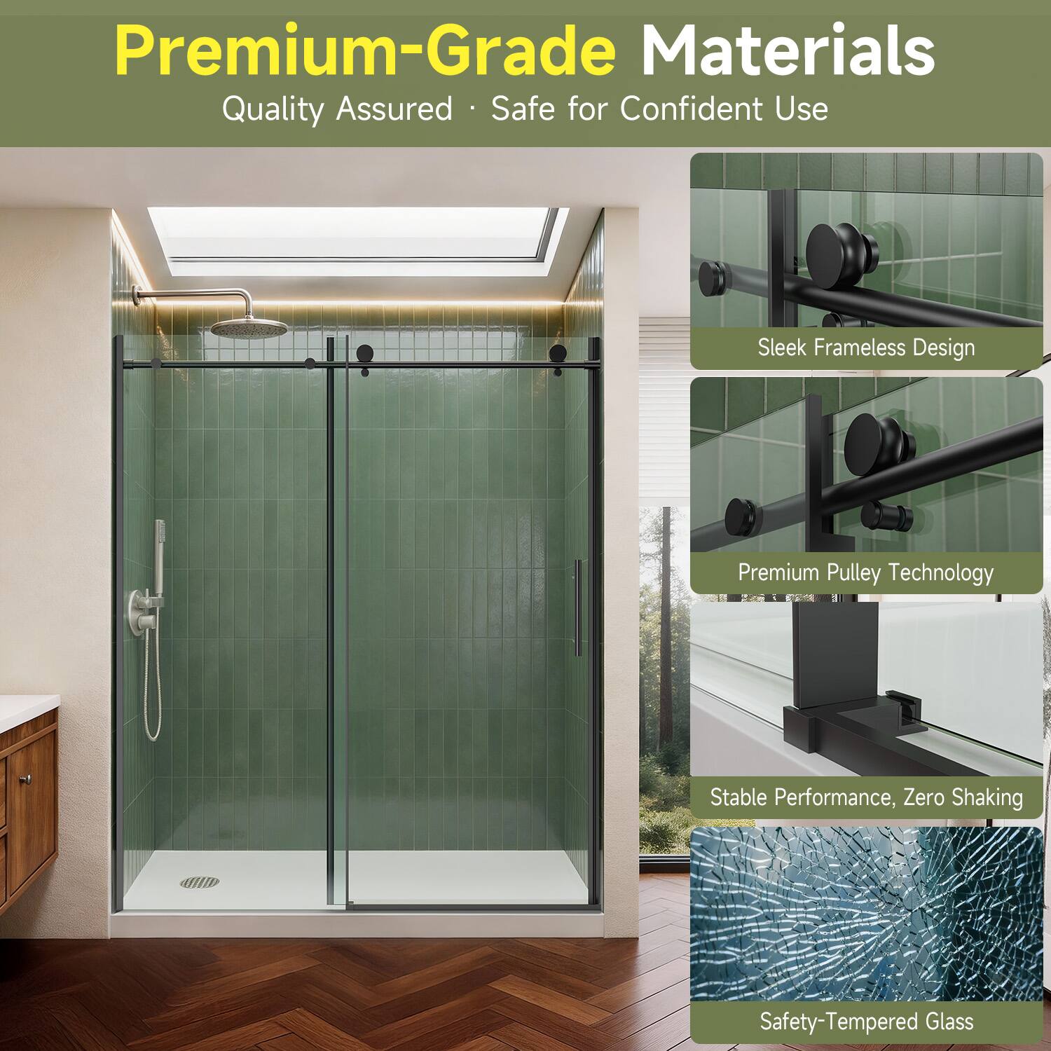 Premium-Grade Materials  
Quality Assured • Safe for Confident Use  

Sleek Frameless Design  
Premium Pulley Technology  
Stable Performance, Zero Shaking  
Safety-Tempered Glass