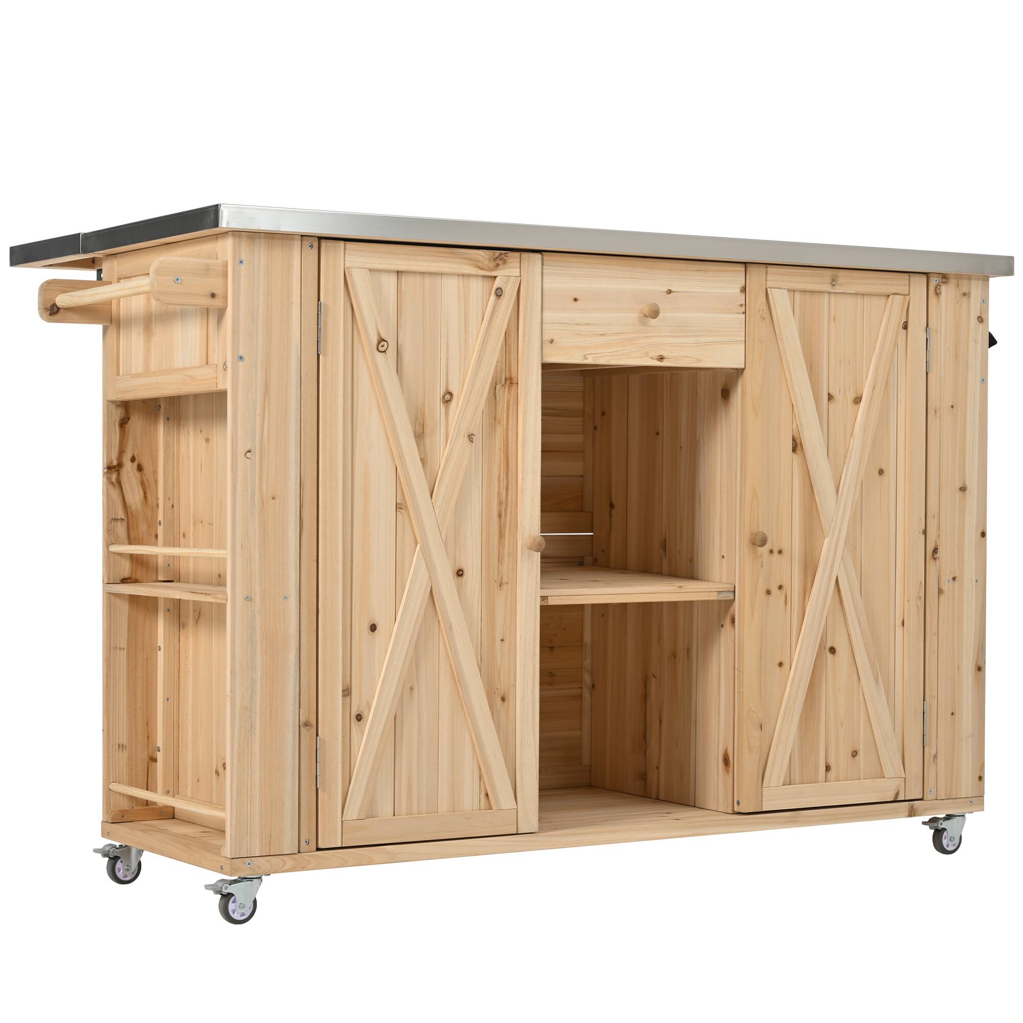 Back. Mondawe - Fir Wood Outdoor Kitchen Island with Stainless Steel Top, Towel and Spice Racks and a Bottle Opener - Natural Wood.