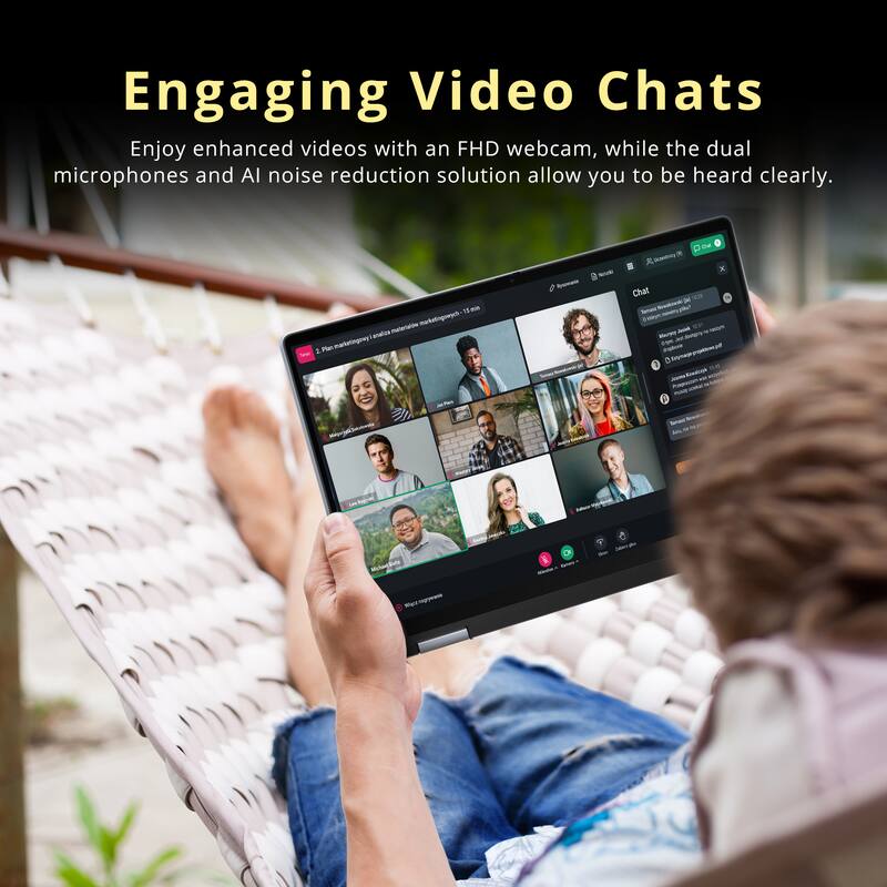 Engaging Video Chats

Enjoy enhanced videos with an FHD webcam, while the dual microphones and AI noise reduction solution allow you to be heard clearly.
