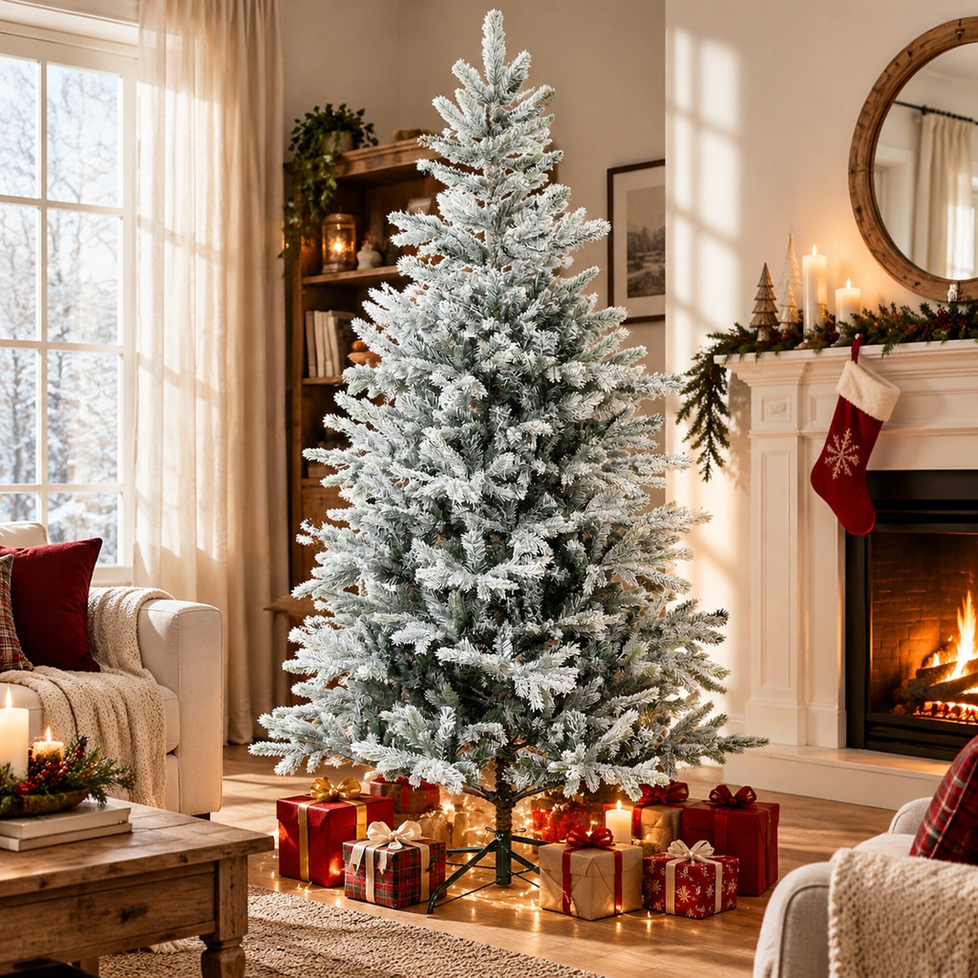 RYHNUYNE 6 Ft Frosted Artificial Christmas Tree With Realistic Branches ...