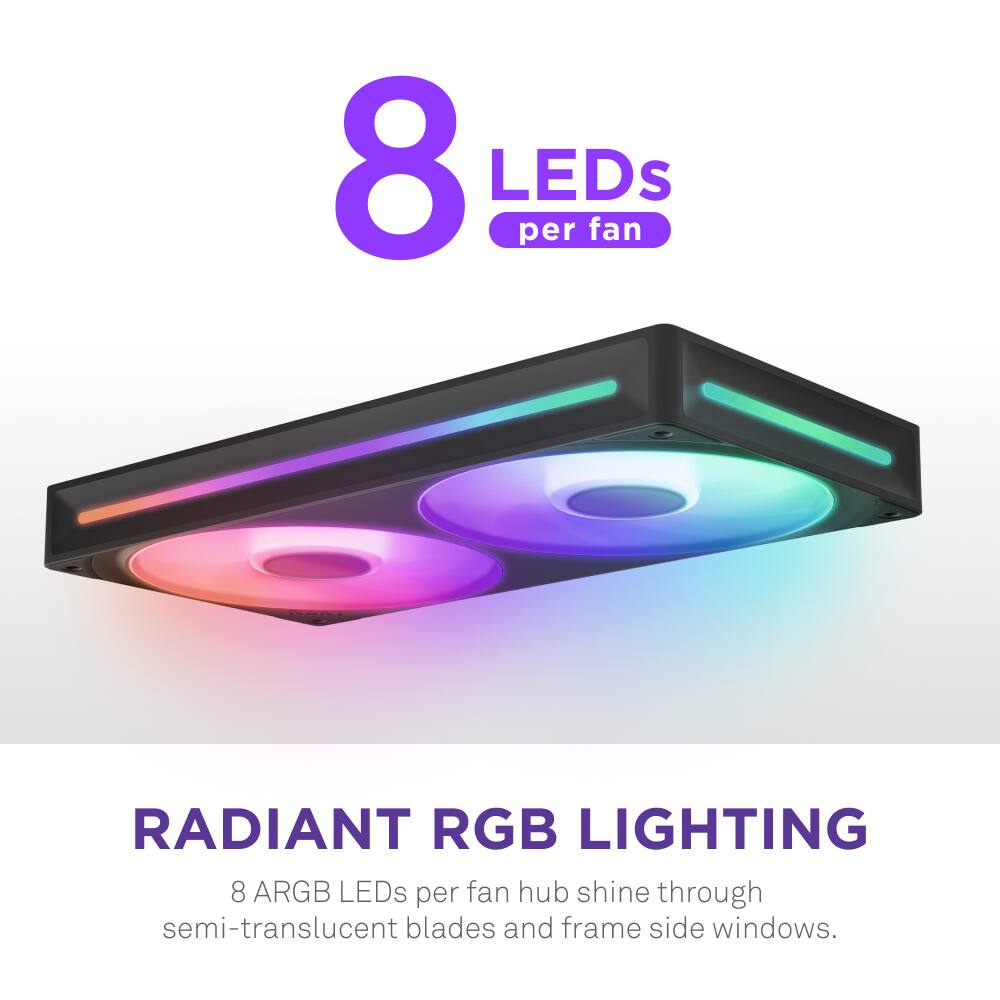Radiant RGB Lighting: 8 ARGB LEDs per fan hub shine through semi-translucent blades and frame side windows.