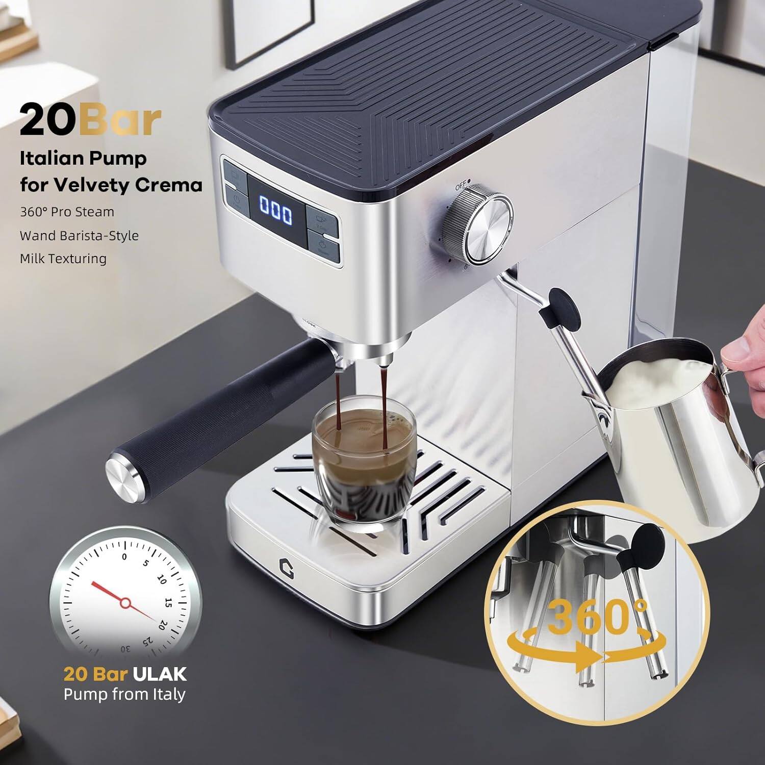 20Bar Italian Pump for Velvety Crema  
360° Pro Steam Wand Barista-Style Milk Texturing  

20 Bar ULAK Pump from Italy