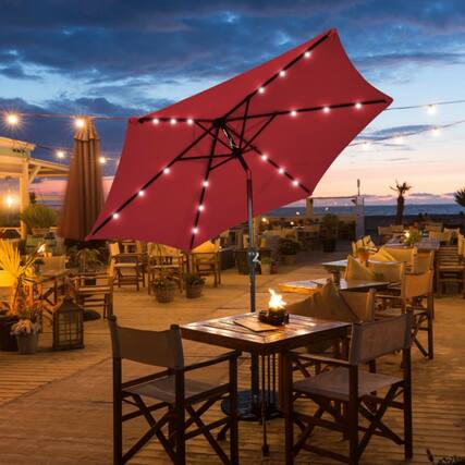 Front. Mondawe - 9 Feet Solar LED Lighted Patio Market Umbrella with Tilt Adjustment without Base - Dark Red.