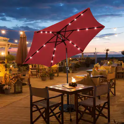 dark red patio umbrella GARVEE 9' Outdoor Market UV Protection Waterproof Table Umbrella with Push Button Tilt & Crank, 8 Ribs, for Garden & Pool shaded oasis for family and friends to enjoy on any occasion COBANA 107.70 Inches Dark Blue