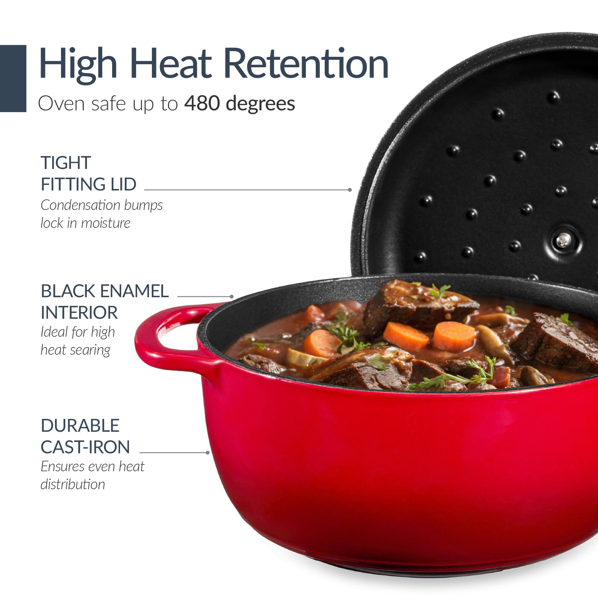 High Heat Retention  
Oven safe up to 480 degrees  

TIGHT FITTING LID  
Condensation bumps lock in moisture  

BLACK ENAMEL INTERIOR  
Ideal for high heat searing  

DURABLE CAST-IRON  
Ensures even heat distribution