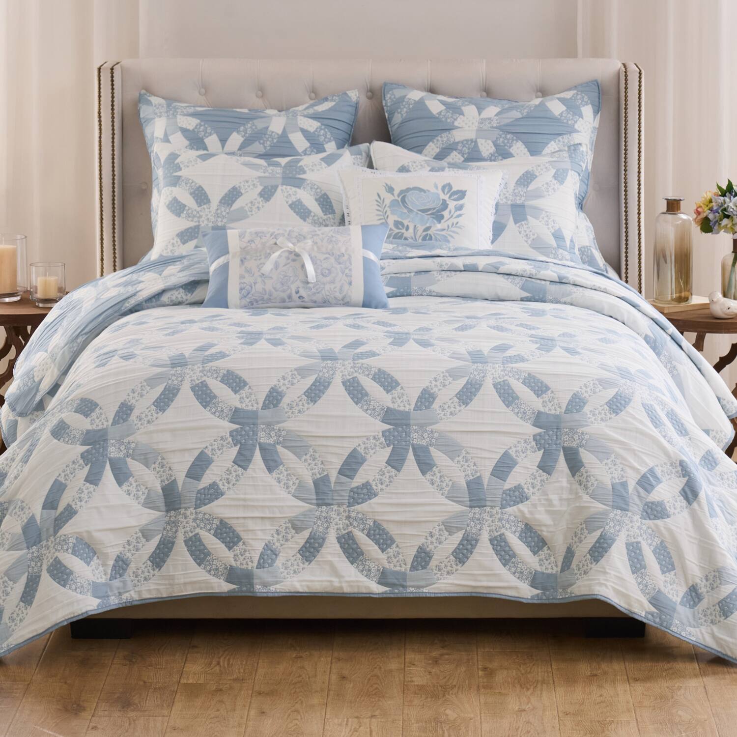 Angle. Greenland Home Fashions - Greenland Home Fashions 100% Jacquard Woven Polyester Wedding Ring Coverlet 2 Piece Set Twin/XL Blue - Blue.