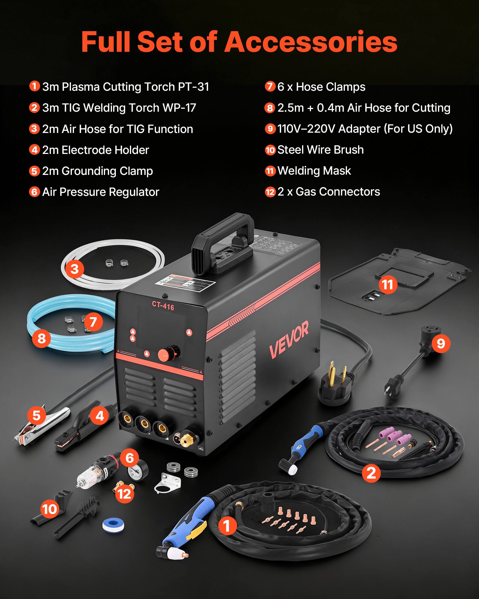 Full Set of Accessories

1. 3m Plasma Cutting Torch PT-31
2. 3m TIG Welding Torch WP-17
3. 2m Air Hose for TIG Function
4. 2m Electrode Holder
5. 2m Grounding Clamp
6. Air Pressure Regulator
7. 6 x Hose Clamps
8. 2.5m + 0.4m Air Hose for Cutting
9. 110V-220V Adapter (For US Only)
10. Steel Wire Brush
11. Welding Mask
12. 2 x Gas Connectors