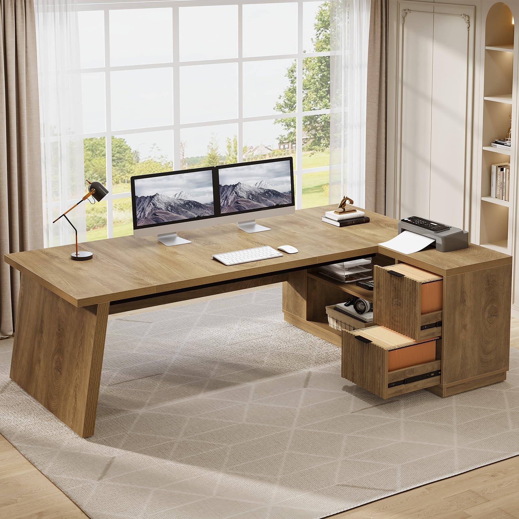 Left. Tribesigns - 78" L Shaped Executive Desk with Storage, Home Office - Oak Brown.