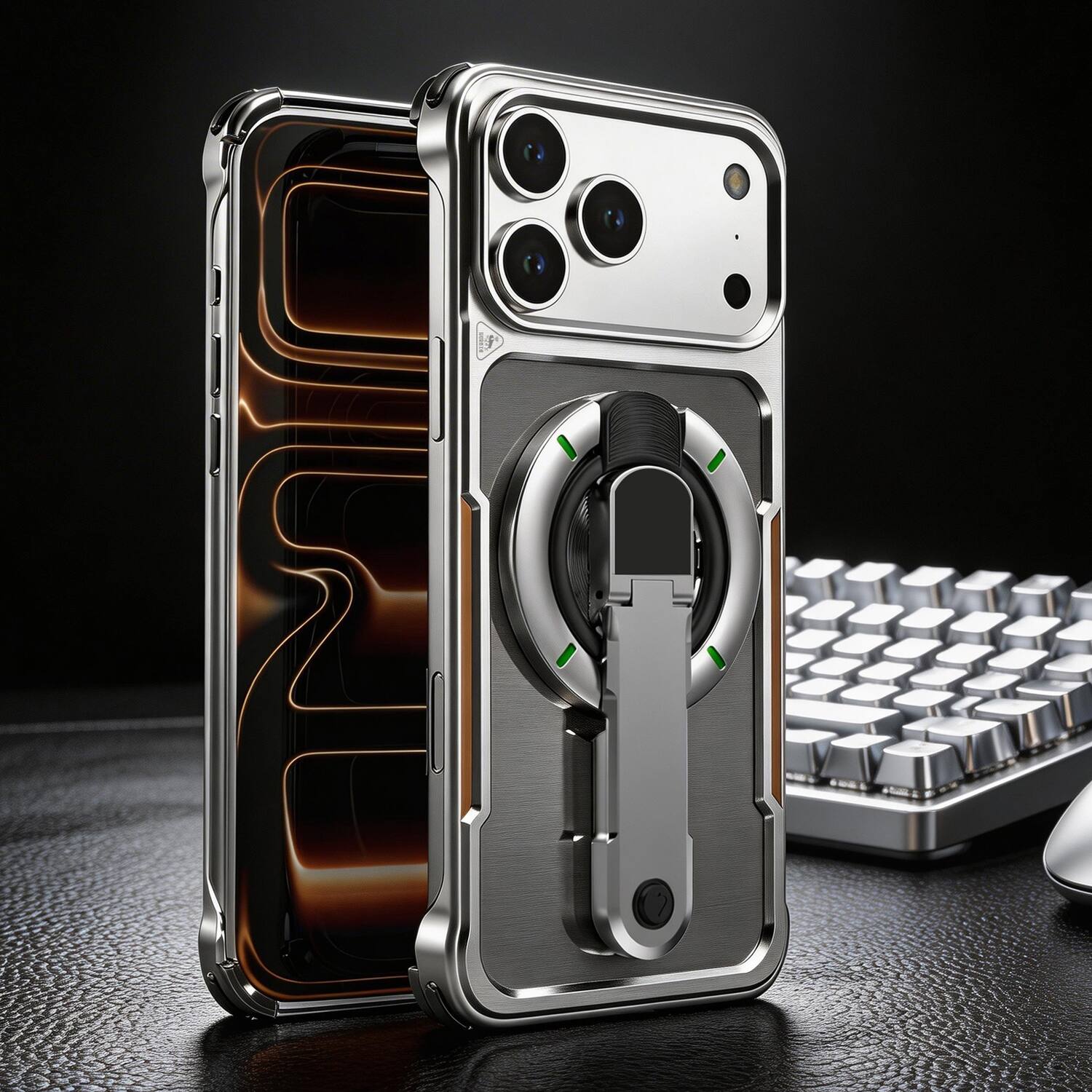 Alt View 4. Dteck - for Apple iPhone 17 Pro Max Metal Frame Magnetic Case,Shockproof Bumper Cover w/ Tempered Glass Film & Metal Kickstand - Silver.