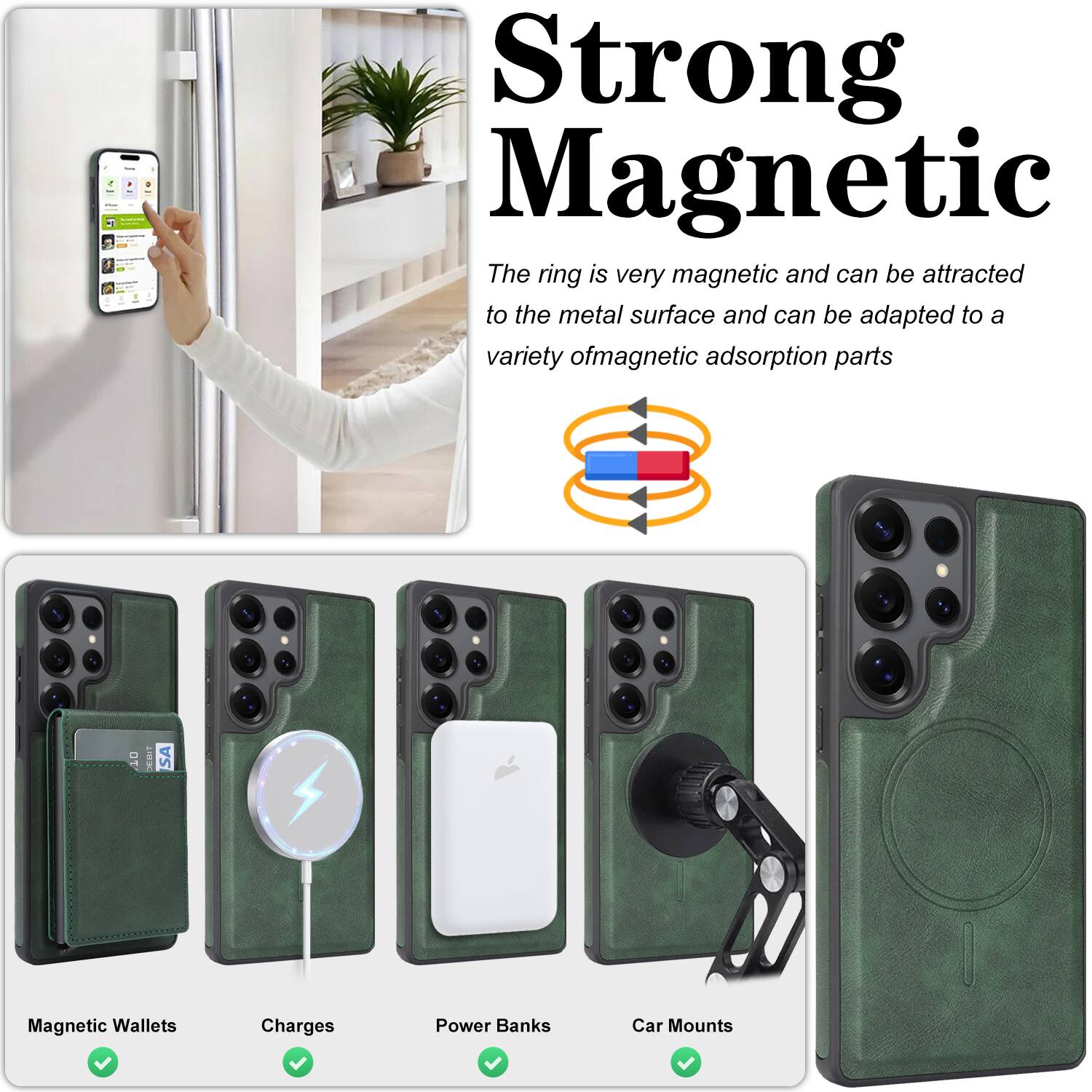 Strong Magnetic  
The ring is very magnetic and can be attracted to the metal surface and can be adapted to a variety of magnetic adsorption parts.

- Magnetic Wallets
- Charges
- Power Banks
- Car Mounts