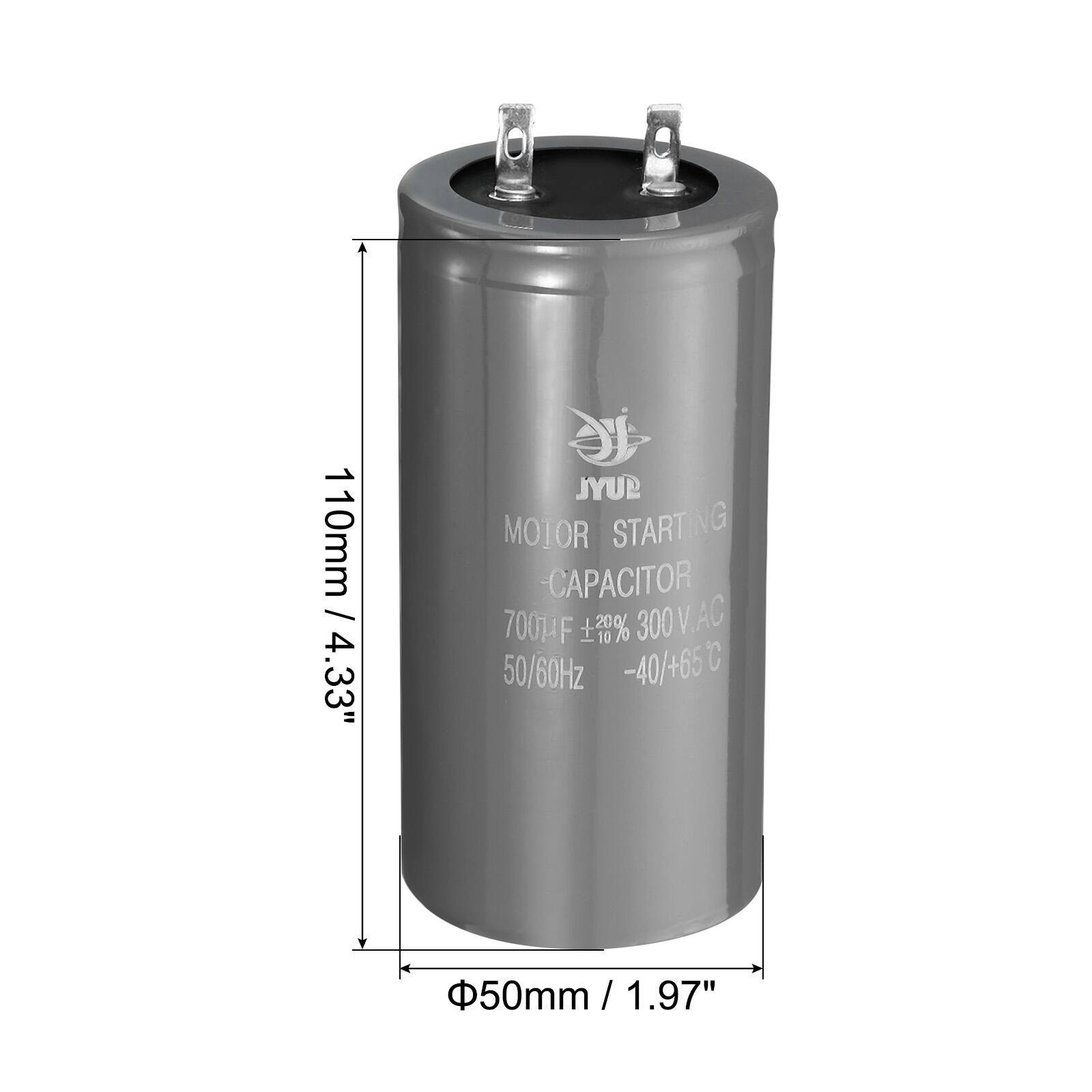 1 110mm / 4.33"  
JYUR MOTOR STARTING CAPACITOR  
700µF ±20% 300V.AC 50/60Hz -40/+65°C  
50mm / 1.97"