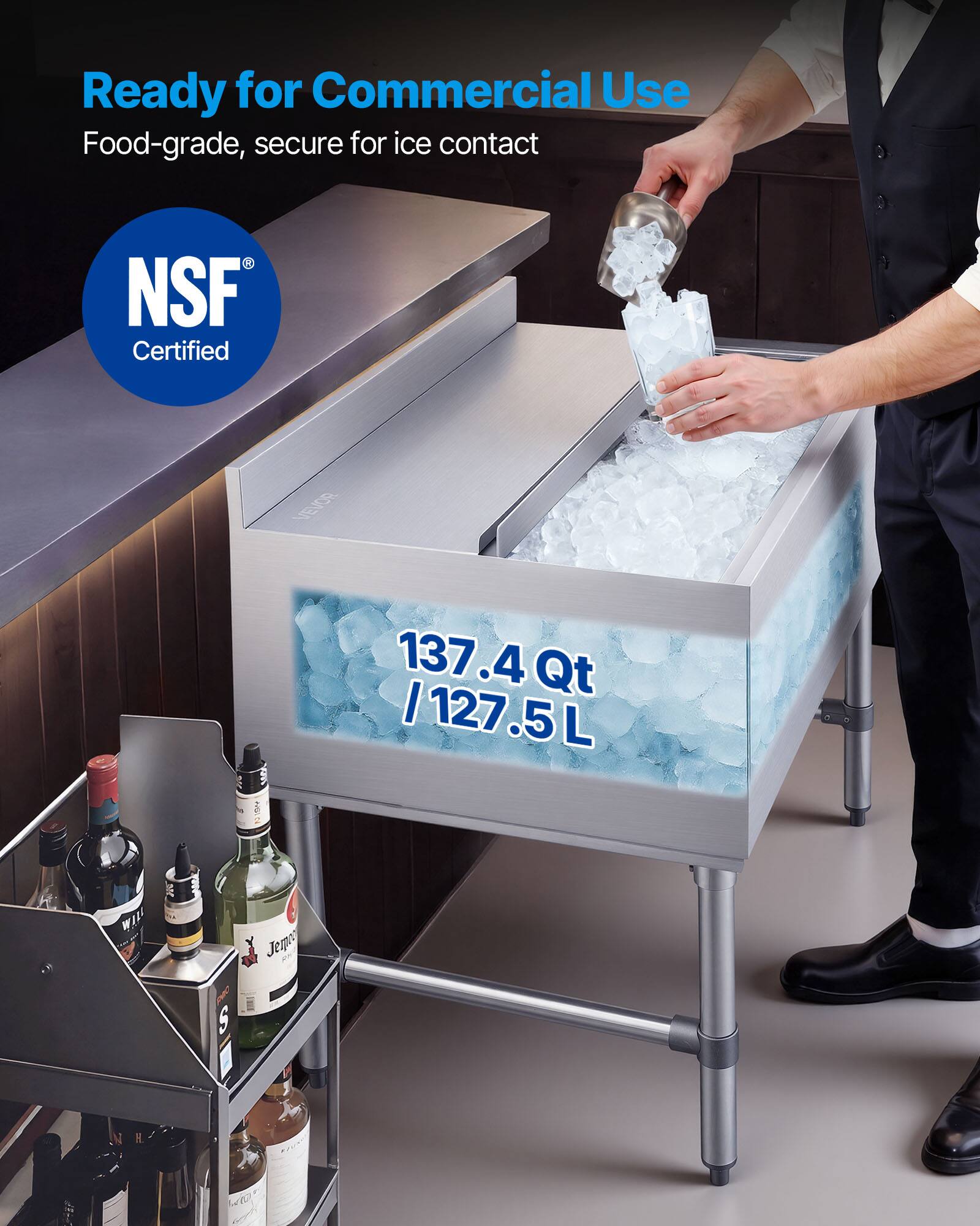 Ready for Commercial Use  
Food-grade, secure for ice contact  
NSF Certified  
VEVOR  
137.4 Qt / 127.5 L