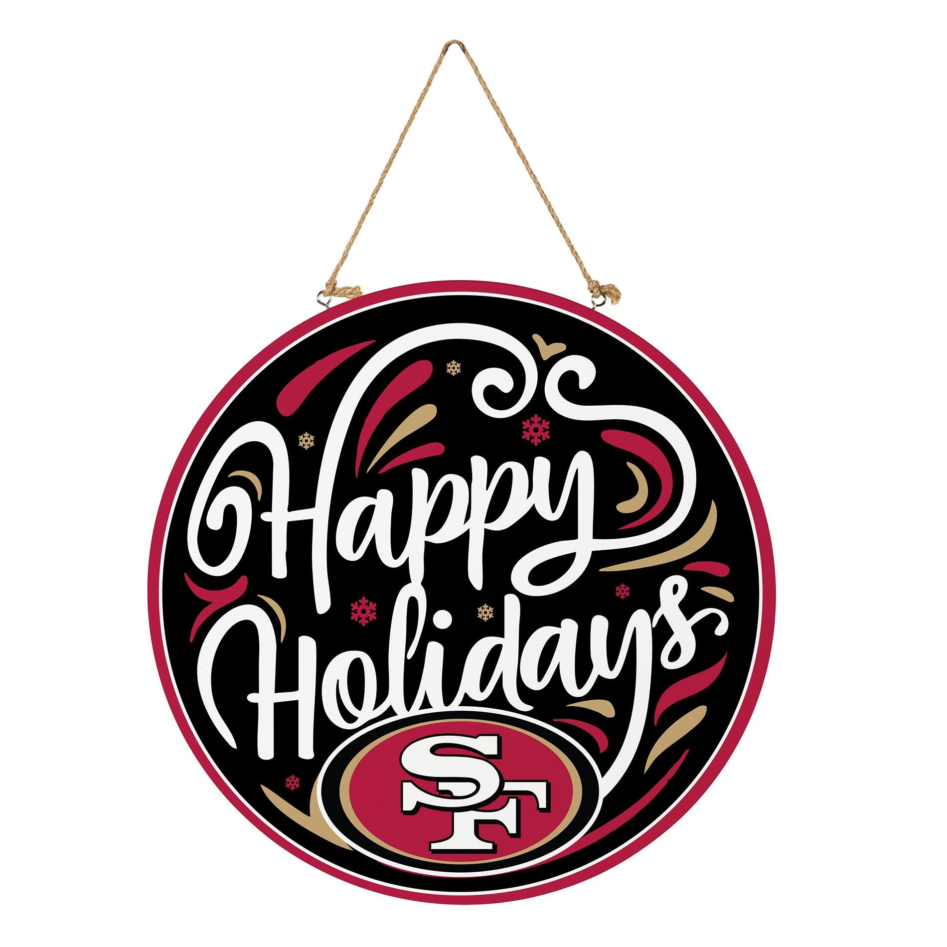 Alt View 2. Evergreen Enterprises - San Francisco 49ers 18" Happy Holidays Wooden Round Door Sign - Multicolor.