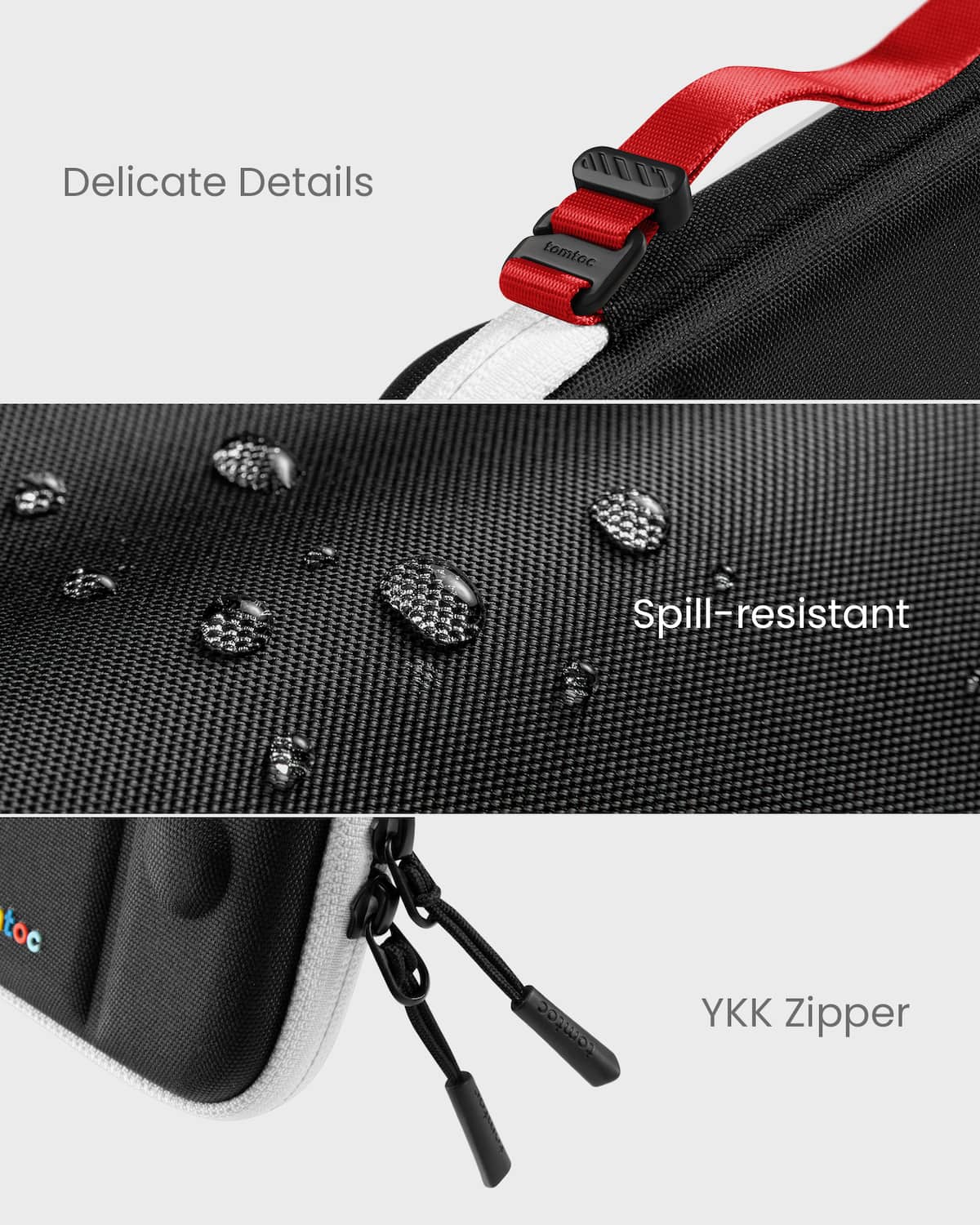 The text on the image reads: "Delicate Details tomtoc Spill-resistant YKK Zipper."