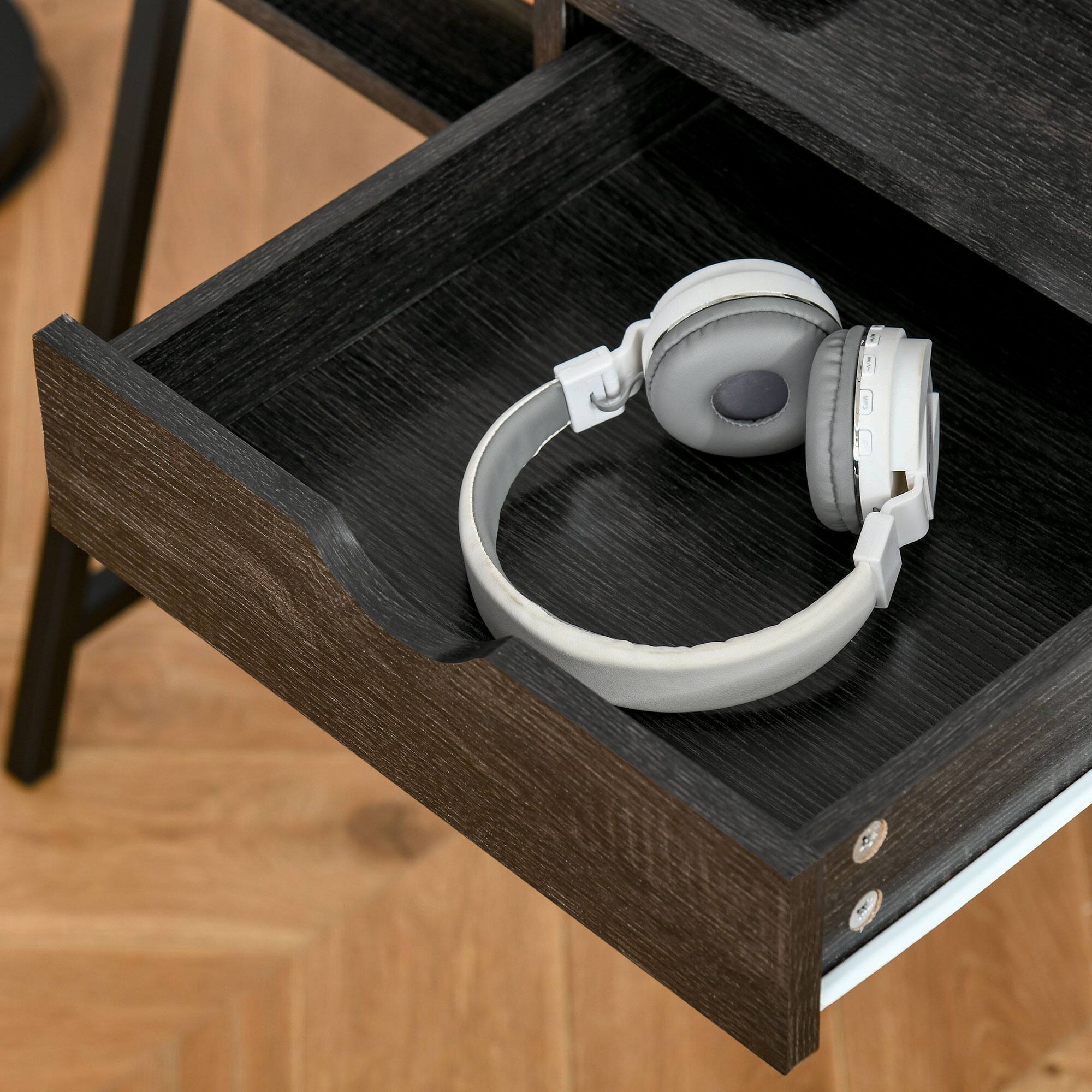 Alt View 8. Homcom - ​​Home Office Desk with A Frame for Small Spaces, Writing Table with Drawer and Storage Shelves​​ - Charcoal Gray.