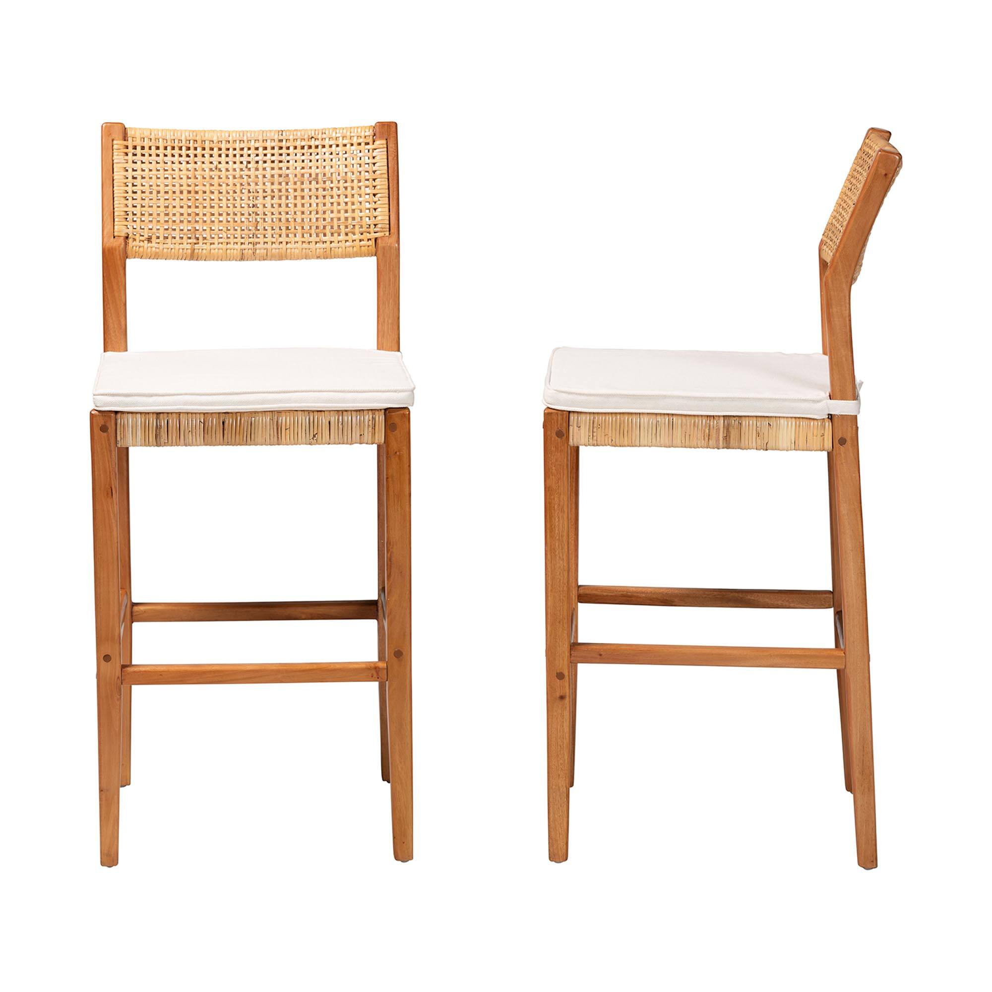 Left. bali & pari - Chatura Natural Rattan and Mahogany Wood 2-Piece Bar Stool Set – Handwoven Wicker Stool with Angled Back, Bar Height - Light Honey/Honey.
