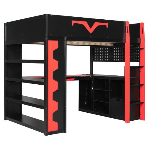 Alt View 1. Anysun - Full Size Gaming Loft Bed with Desk & RGB Lights - Pro-Gamer Bed with Power Outlet, Bookshelf, Pegboard & Storage Drawer - Red.