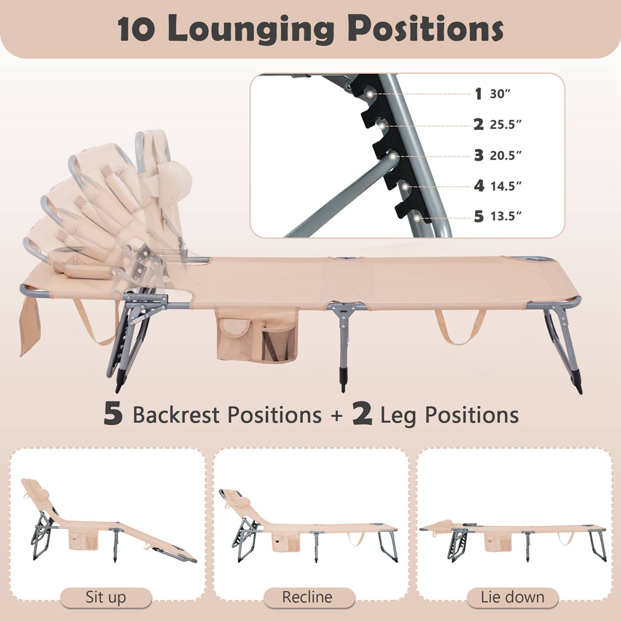 10 Lounging Positions
1 30"
2 25.5"
3 20.5"
4 14.5"
5 13.5"
5 Backrest Positions + 2 Leg Positions
Sit up
Recline
Lie down