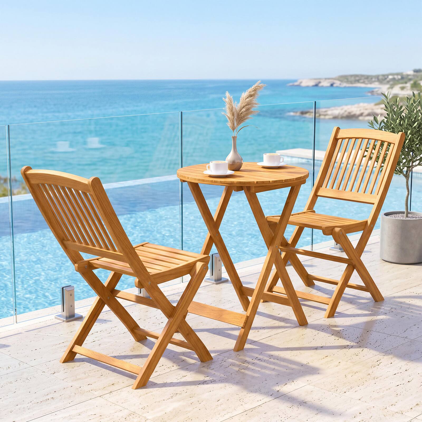 Alt View 4. Costway - Costway 3 Pieces Acacia Wood Patio Folding Bistro Set with Soft Cushions for Porch, Balcony - Natural+Black.