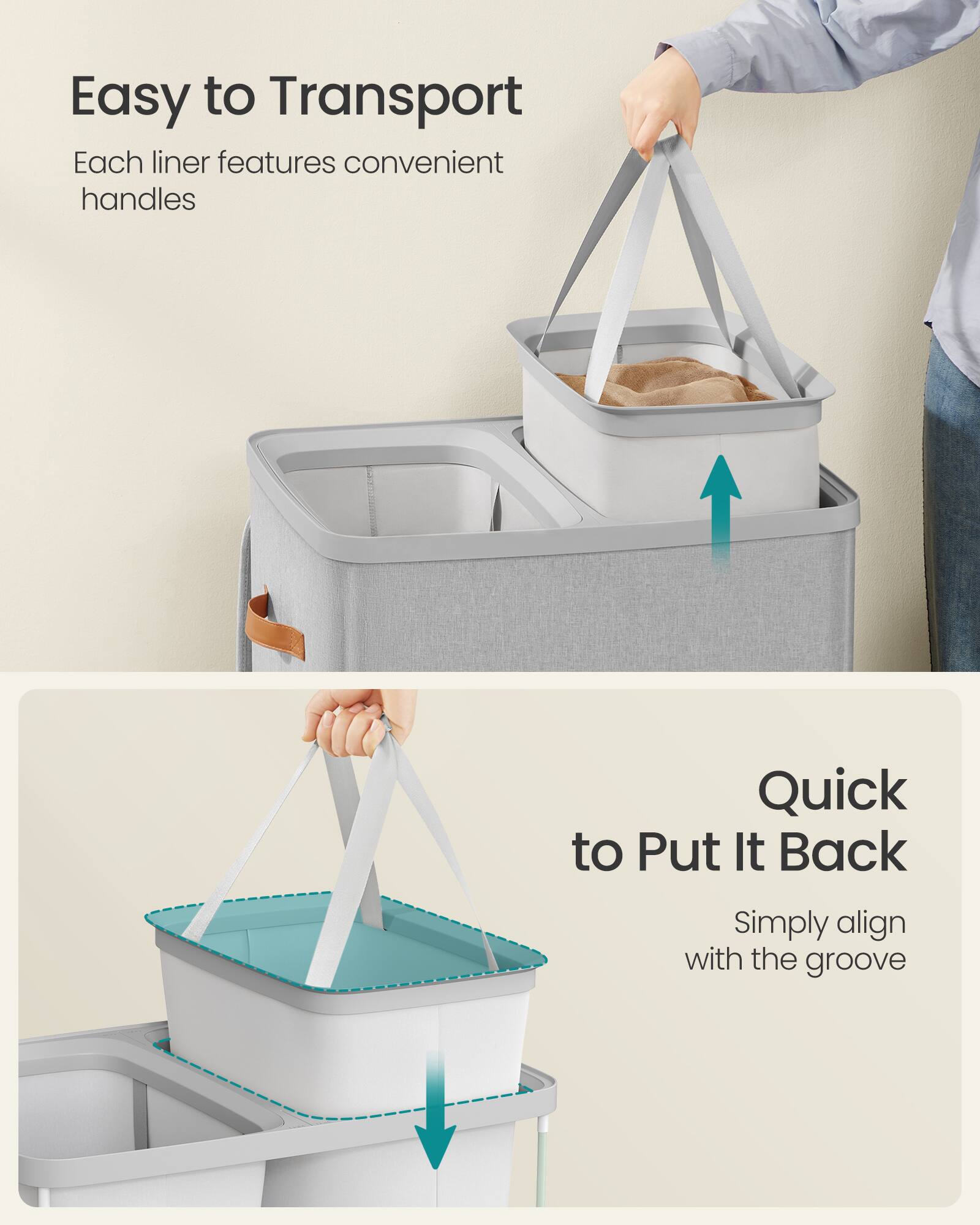 Easy to Transport  
Each liner features convenient handles

Quick to Put It Back  
Simply align with the groove