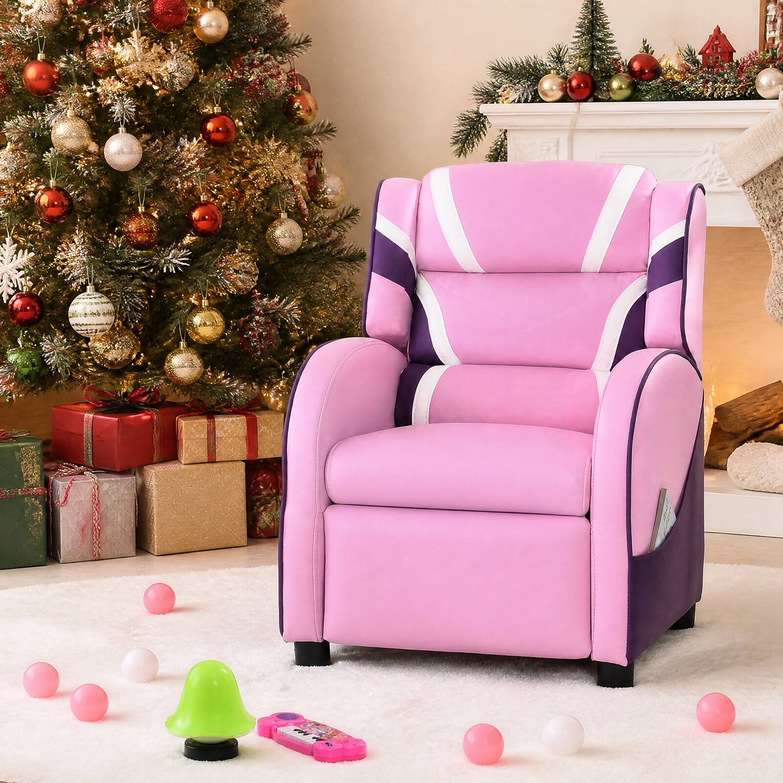 Front. Costway - Kids Recliner Chair Gaming Sofa PU Leather Armchair w/Side Pockets Pink - Pink.