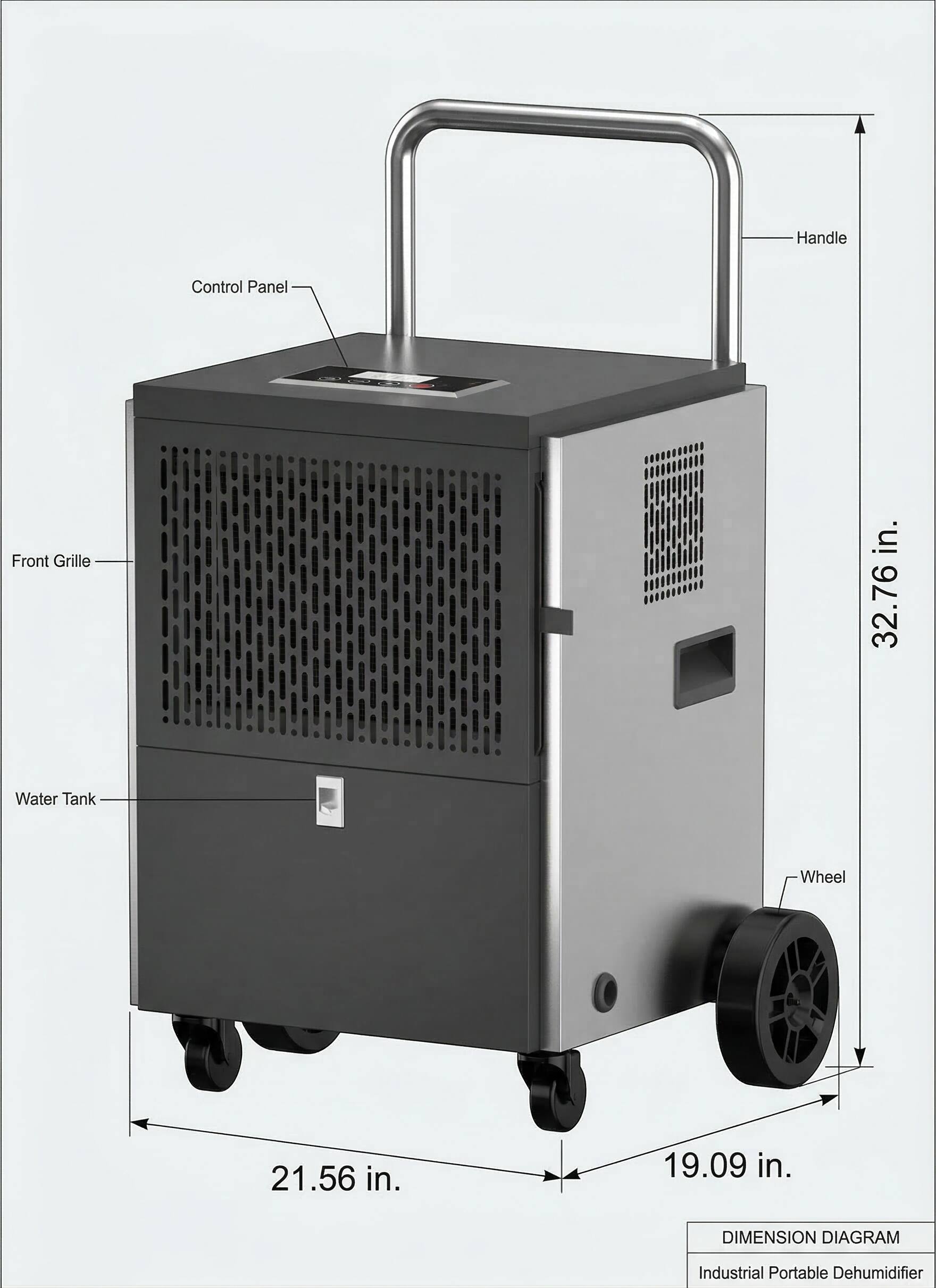 Handle Control Panel Front Grille in. 32.76 Water Tank Wheel 21.56 in. 19.09 in. DIMENSION DIAGRAM Industrial Portable Dehumidifier