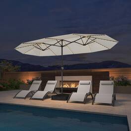 PURPLE LEAF - 14 ft. Patio Market Umbrella with Solar LED and Base Double-Sided Outdoor Table Sun Umbrellas for Pool Deck Backyard - White