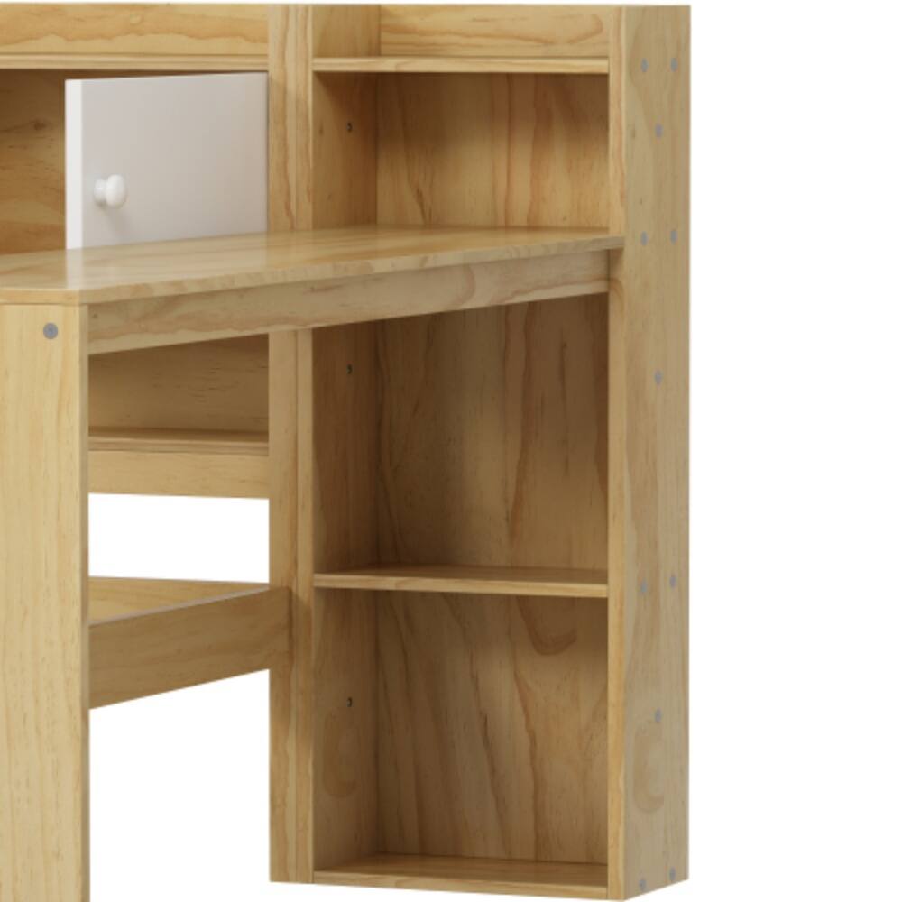 Alt View 1. LUCKY ONE - Twin Size Wooden L-Shape Daybed with 7 Storage Cabinets, 2 Drawers, Study Desk, Bookshelf, No Box Spring Needed - Natural+White.