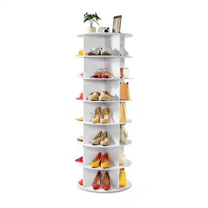 Front. VEVOR - 7 Tiers Rotating Shoe Rack Tower, 360° Spinning Shoe Rack, Revolving Storage Round Carousel Display, White - White.