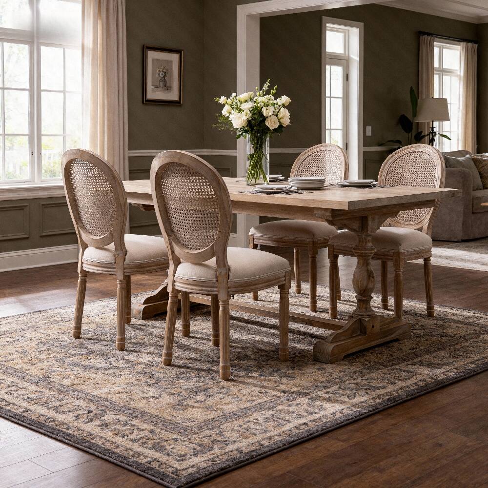 Back. Loheer - Loheer French Country Dining Chairs Set of 2 Upholstered Round Back Solid Wood Beige - Beige.