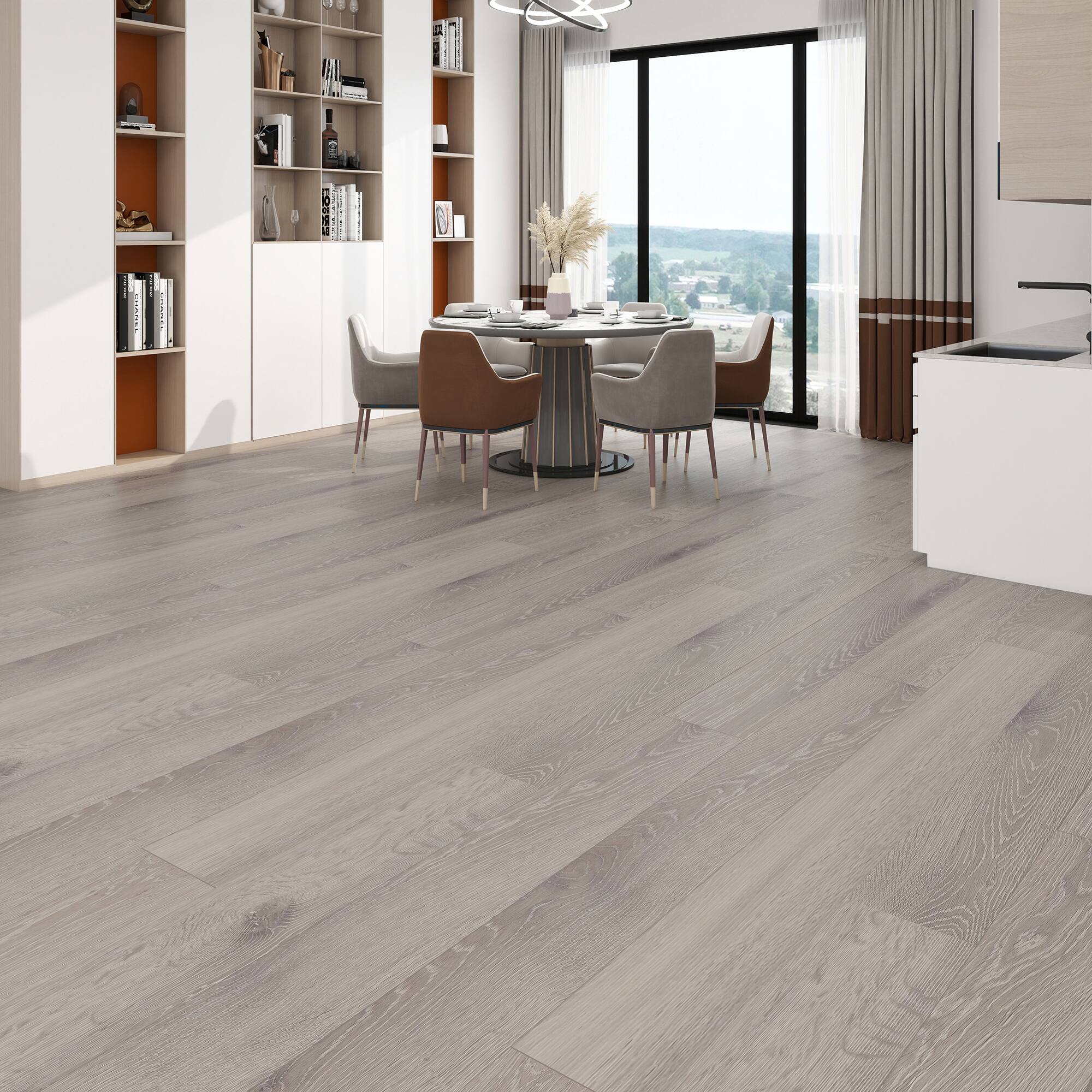 Angle. Dotfloor - Superoak SEKET Laminate Flooring - 48"x7.7" Planks, 8 Planks/Box (20.56 sq ft/Box), 12mm Thick, AC4 Wear Rating - Dark Oak.