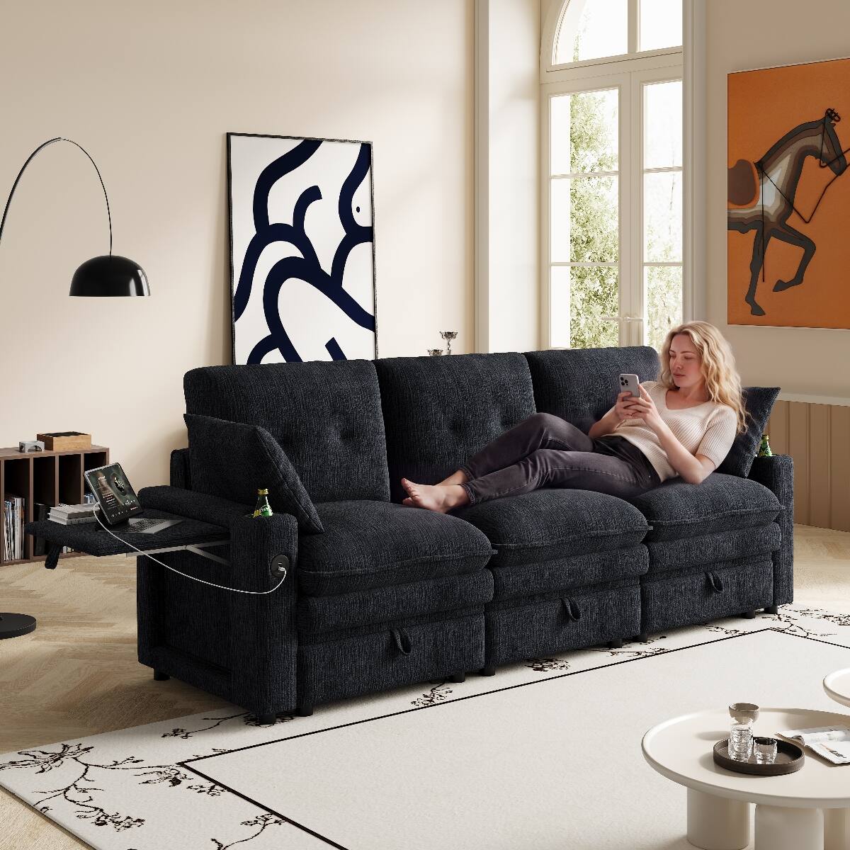 Angle. Ropilly - Ropilly 89 Inch Storage Sofa Contemporary Black Chenille Couch with USB Ports Hidden Tabletop Cup Holders 3 Seat - Black.