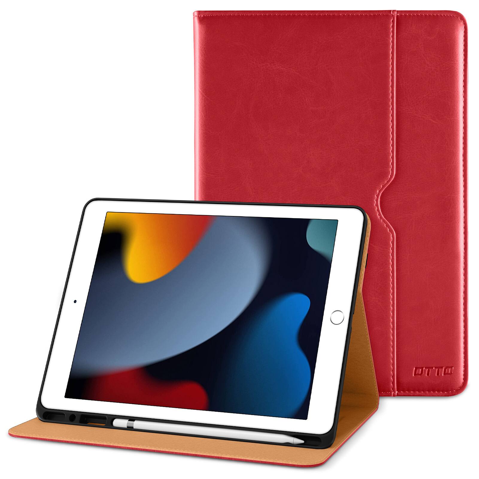 Front. DTTO - ​Case for iPad 9th/8th/7th Generation 10.2 Inch 2021/2020/2019, Premium Leather Folio Stand - Auto Wake/Sleep - Red.