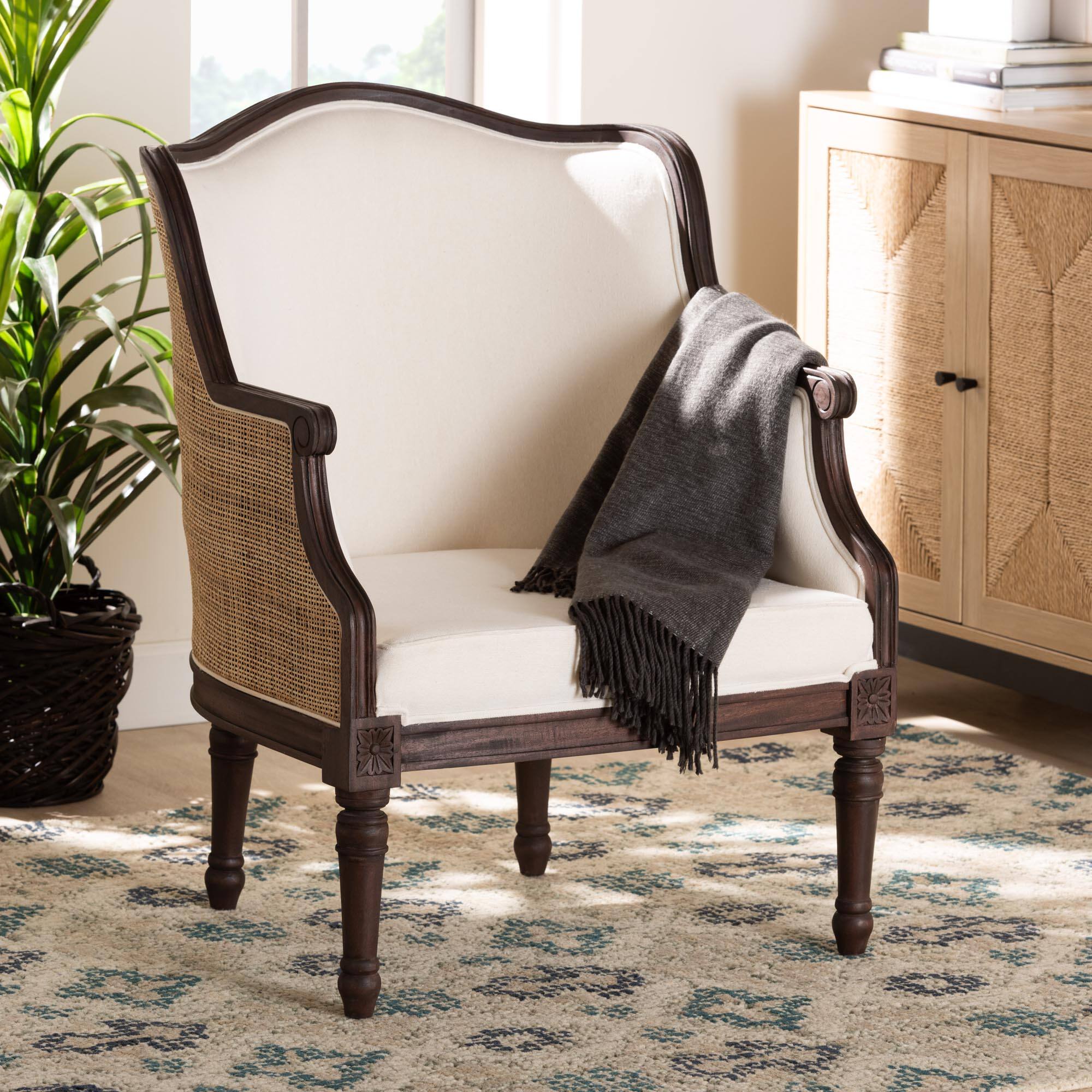 Alt View 4. bali & pari - Ornella Traditional French Fabric and Dark Finished Wood Accent Chair - Beige/Dark Brown.
