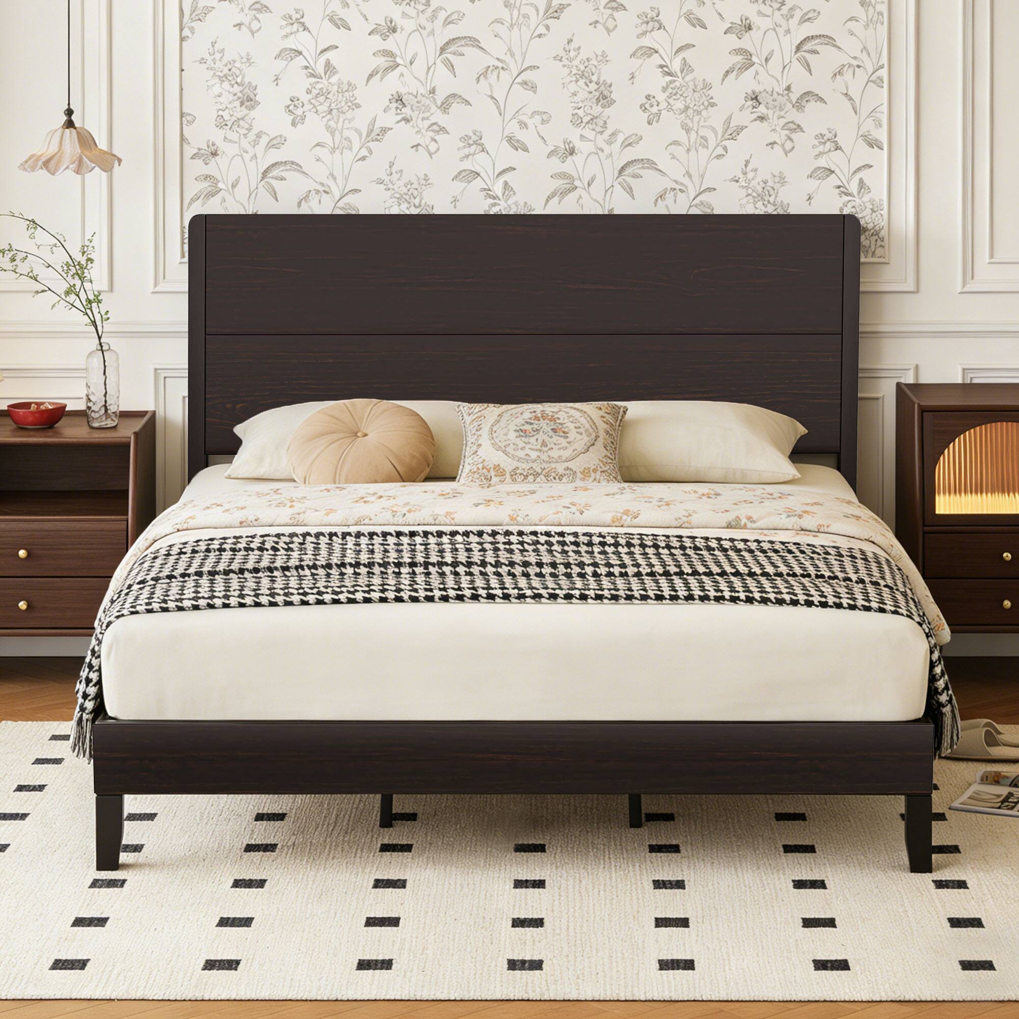 Vipbear Q/K Wooden Bed Frame with Tall Headboard, Platform Bed Frame ...