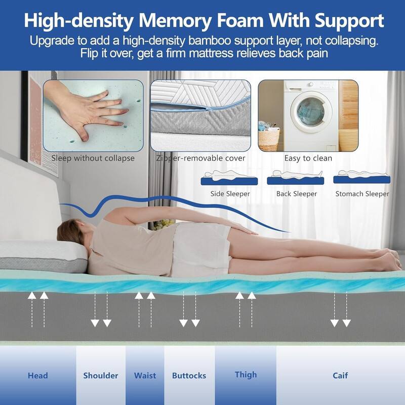 High-density Memory Foam With Support
Upgrade to add a high-density bamboo support layer, not collapsing. Flip it over, get a firm mattress relieves back pain
Sleep without collapse
Zipper-removable cover
Easy to clean
Side Sleeper
Back Sleeper
Stomach Sleeper
Head
Shoulder
Waist
Buttocks
Thigh
Caif