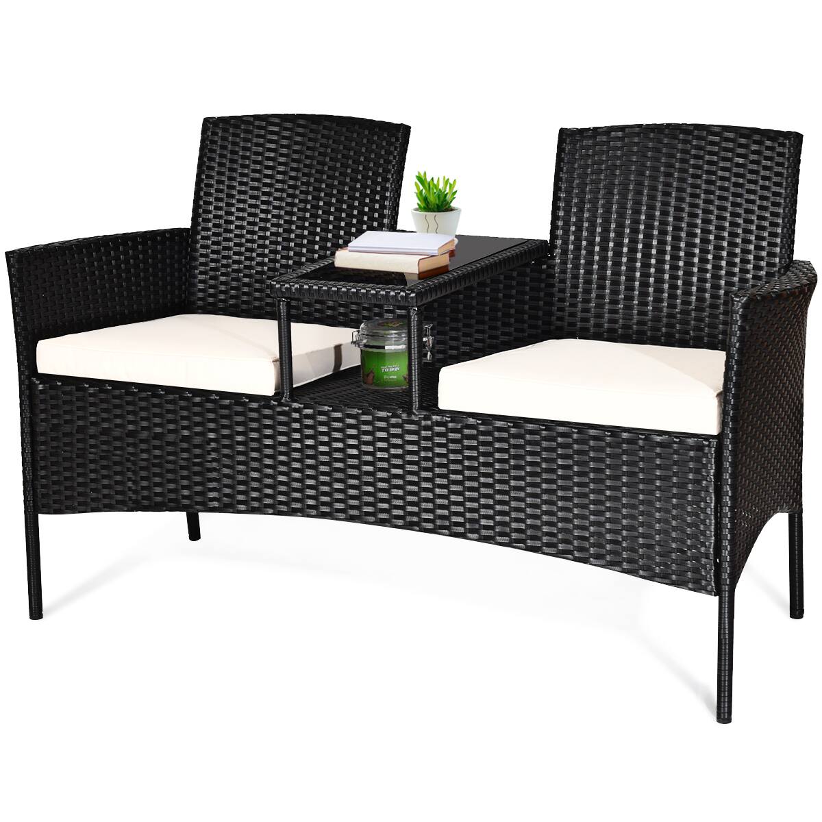 Alt View 9. Costway - Costway Patio Rattan Conversation Set Seat Sofa Cushioned Loveseat Glass Table Chairs - As pictures show.