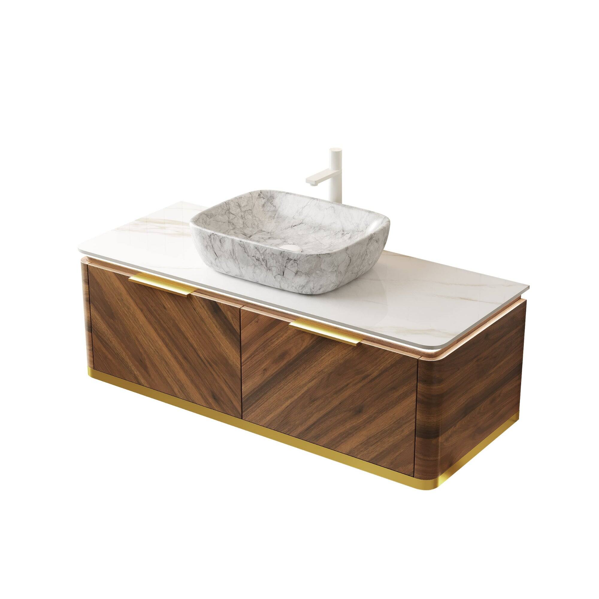 Alt View 4. Boyel Living - 48 Bathroom Vanity with Light Marble Pattern Ceramic Vessel Basin Sintered Stone Dark Walnut - Carrara White,Dark Walnut,Stone White.