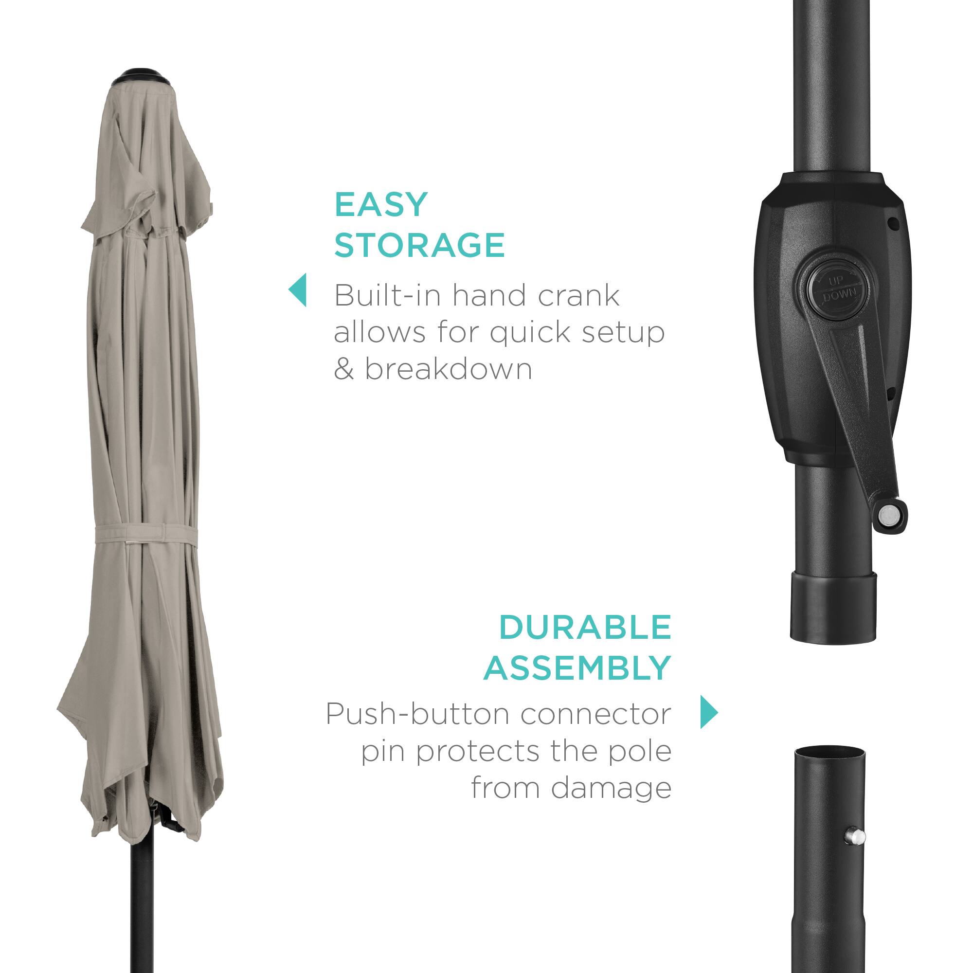 EASY STORAGE  
Built-in hand crank allows for quick setup & breakdown  

DURABLE ASSEMBLY  
Push-button connector pin protects the pole from damage