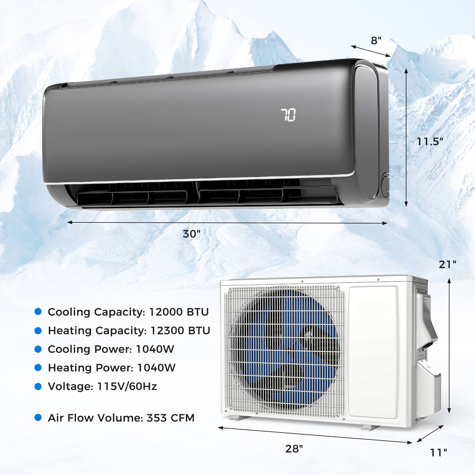 Cooling Capacity: 12000 BTU
Heating Capacity: 12300 BTU
Cooling Power: 1040W
Heating Power: 1040W
Voltage: 115V/60Hz
Air Flow Volume: 353 CFM

8" 11.5" 30" 21" 28" 11"