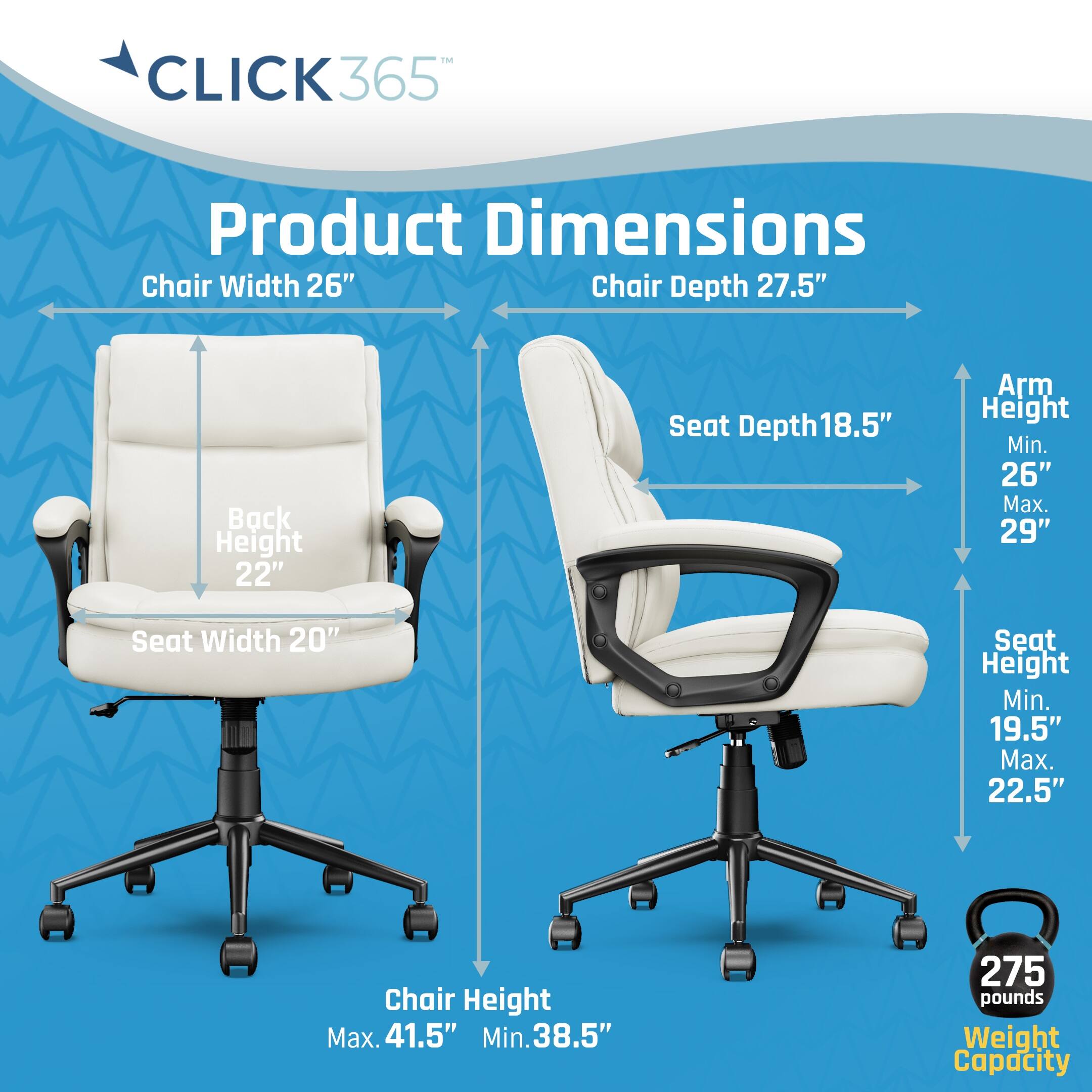 Left. Click365 - Transform 2.0 Extra Comfort Ergonomic Mid-Back Desk Chair - White.