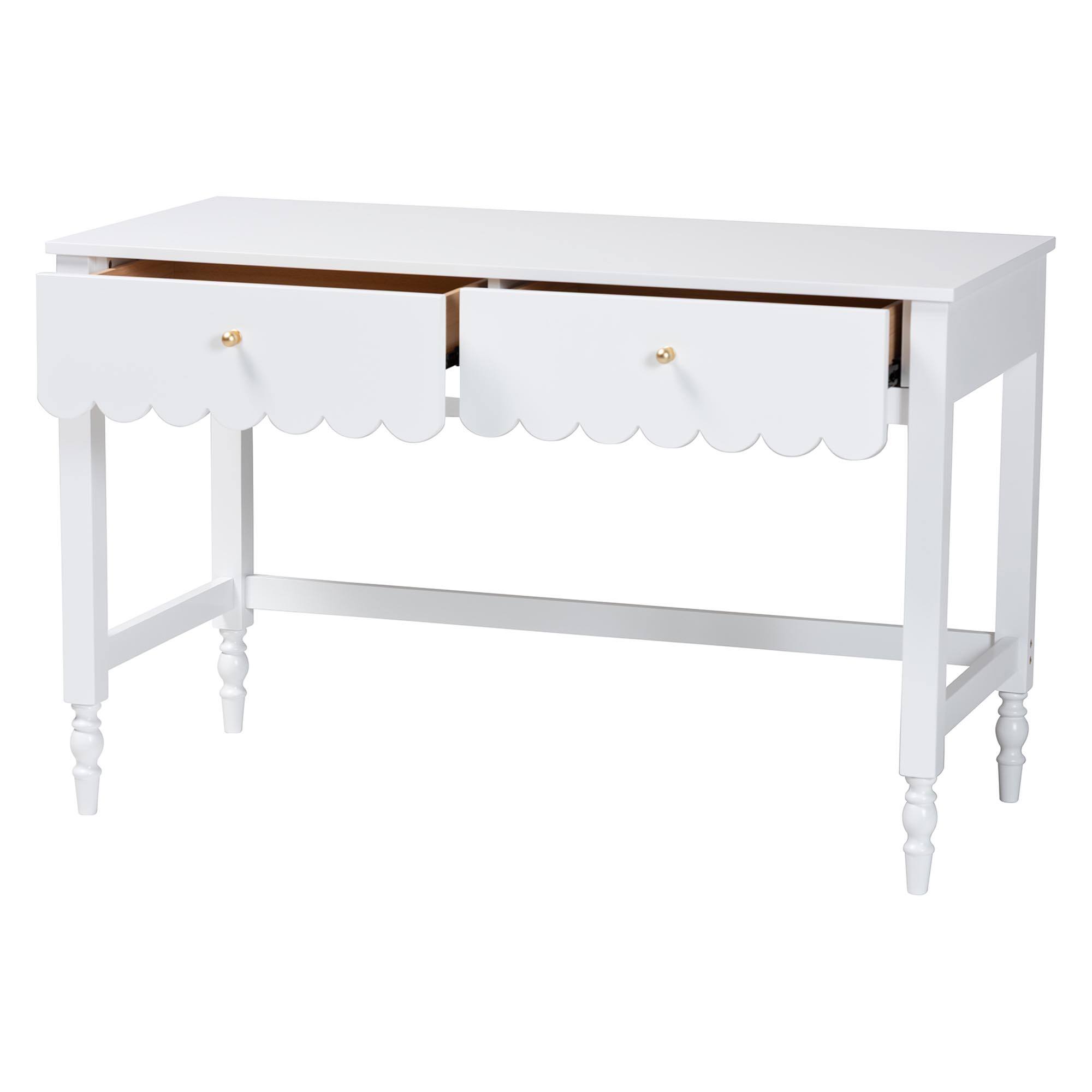 Angle. Baxton Studio - Baxton Studio Roni Writing Desk with Drawers - Modern Cottage Style Desk with Scalloped Detailing, White - White.
