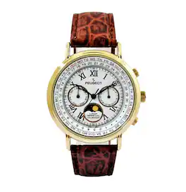 Peugeot - Men's Vintage Multi-Function Moon Phase Watch with Perpetual Calendar and leather band - Brown