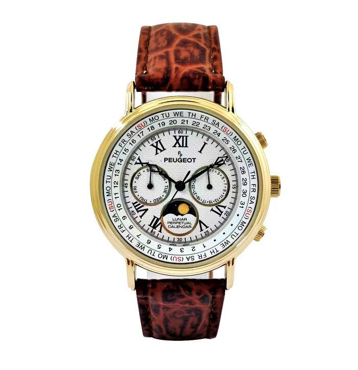 Sure, here is the corrected and grouped text from the image:
**Main Dial:**
- PEUGEOT
- LUNAR PERPETUAL CALENDAR
**Outer Ring (Days of the Week):**
- MO TU WE TH FR SA (SU) MO TU WE TH FR SA (SU) MO TU WE TH FR SA (SU) MO TU WE TH FR SA (SU) MO TU WE TH FR SA (SU) MO TU WE TH FR SA (SU) MO TU WE TH FR SA (SU) MO TU WE TH FR SA (SU) MO TU WE TH FR SA (SU) MO TU WE TH FR SA (SU) MO TU WE TH FR SA (SU) MO TU WE TH FR SA (SU) MO TU WE TH FR SA (SU) MO TU WE TH FR SA (SU) MO TU WE TH FR SA (SU) MO TU WE TH FR SA (SU) MO TU WE TH FR SA (SU) MO TU WE TH FR SA (SU) MO TU WE TH FR SA (SU) MO TU WE TH FR SA (SU) MO TU WE TH FR SA (SU) MO TU WE TH FR SA (SU) MO TU WE TH FR SA (SU) MO TU WE TH