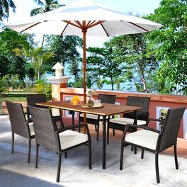 Gymax - 7PCS Patio Dining Furniture Set w/ Wooden Tabletop Cushion Umbrella Hole - as pic
