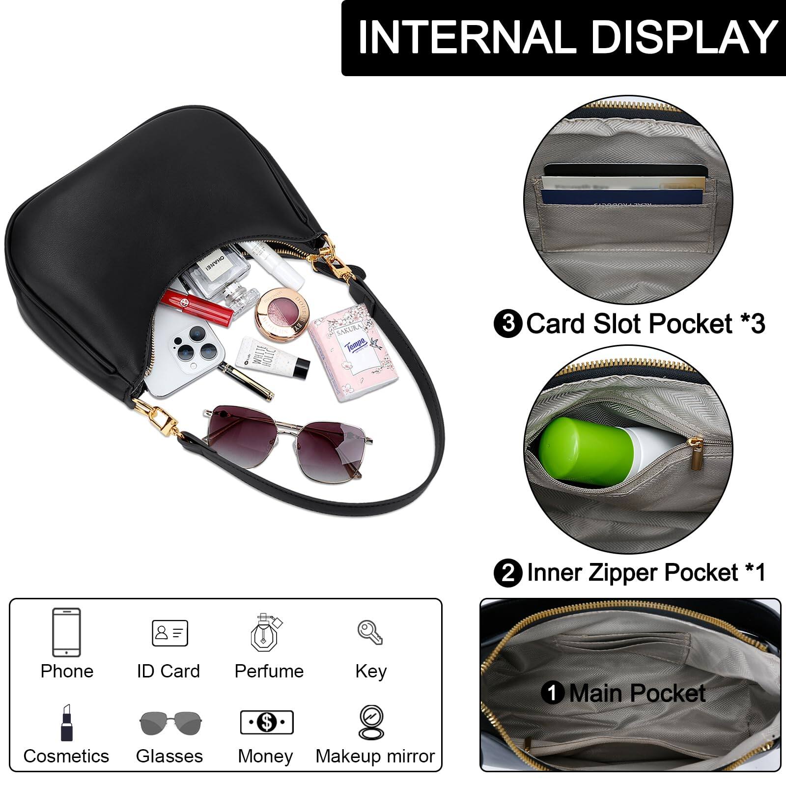 INTERNAL DISPLAY

- 3 Card Slot Pocket *3
- 2 Inner Zipper Pocket *1
- 1 Main Pocket

Phone, ID Card, Perfume, Key, Cosmetics, Glasses, Money, Makeup mirror